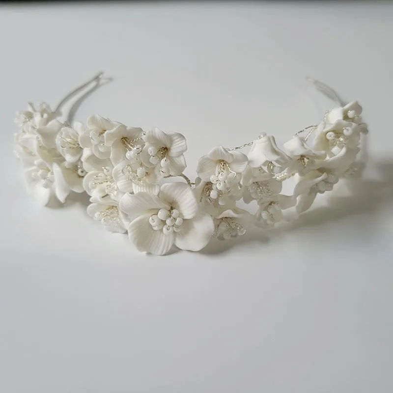 Handmade Luxury Rhinestones Pearls Ceramic Flower Bridal Tiara Headband Wedding Crown