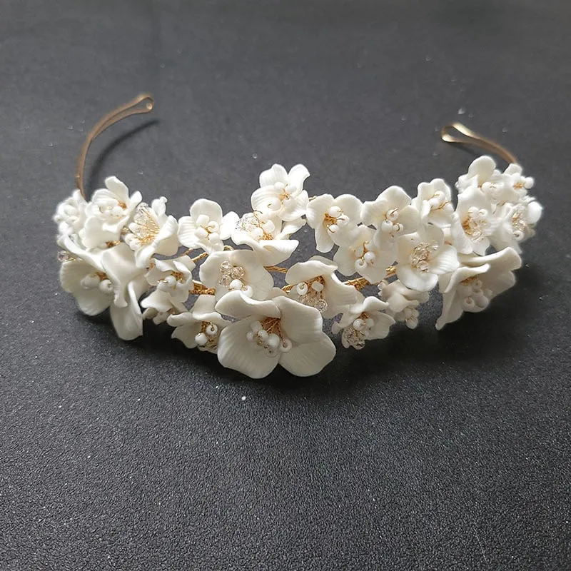 Handmade Luxury Rhinestones Pearls Ceramic Flower Bridal Tiara Headband Wedding Crown