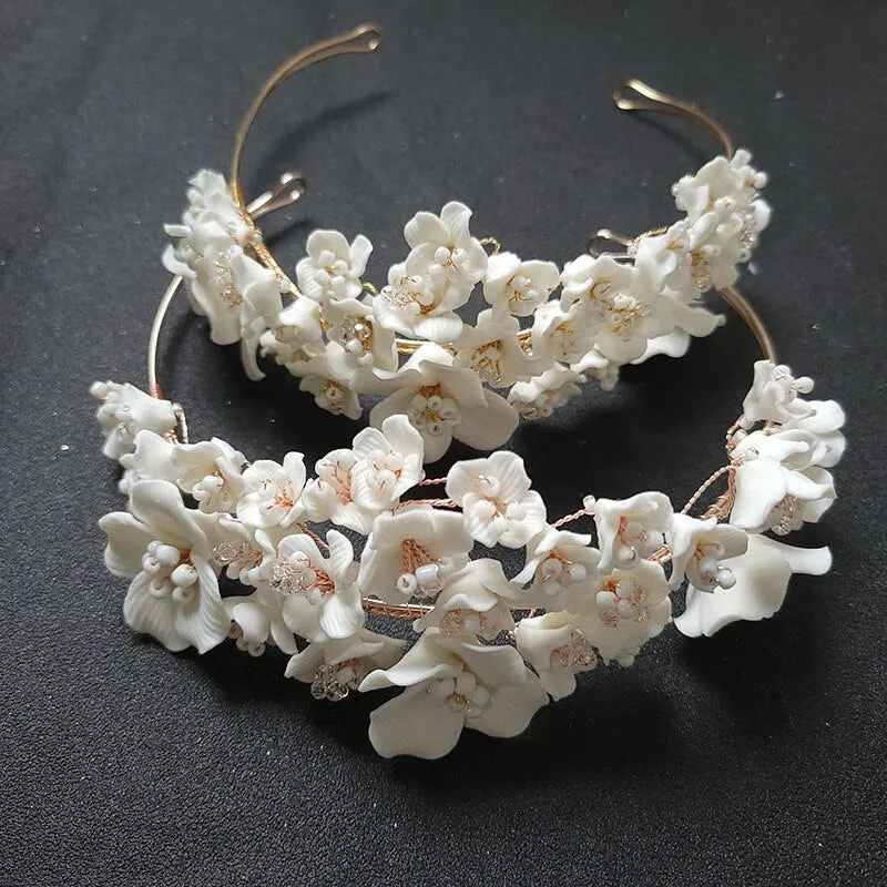 Handmade Luxury Rhinestones Pearls Ceramic Flower Bridal Tiara Headband Wedding Crown