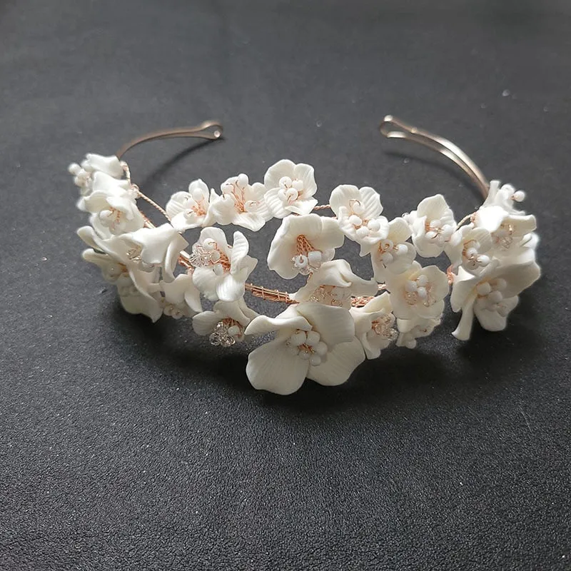 Handmade Luxury Rhinestones Pearls Ceramic Flower Bridal Tiara Headband Wedding Crown