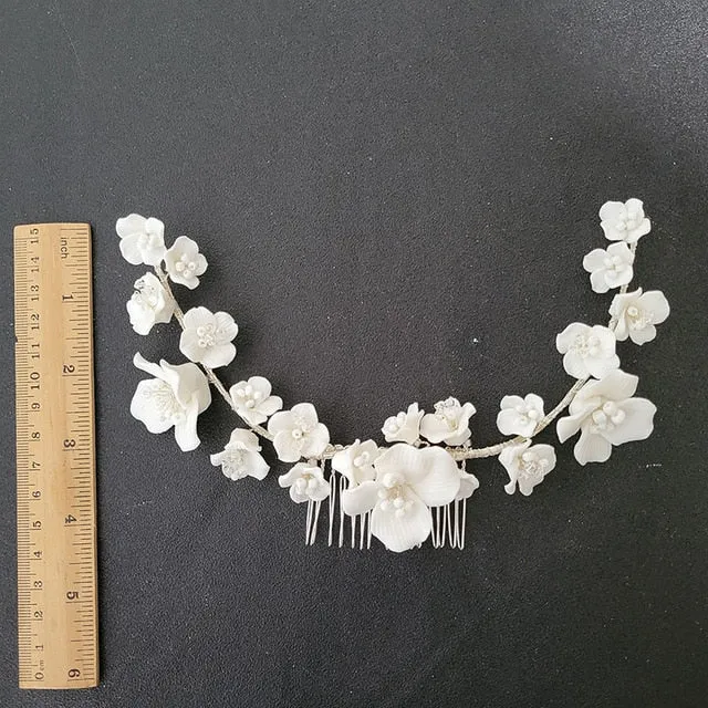 Handmade Luxury Rhinestones Pearls Ceramic Flower Bridal Tiara Headband Wedding Crown