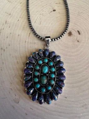 Handmade Sterling Silver, Purple Dream & Turquoise Cluster Pendant Signed Nizhoni