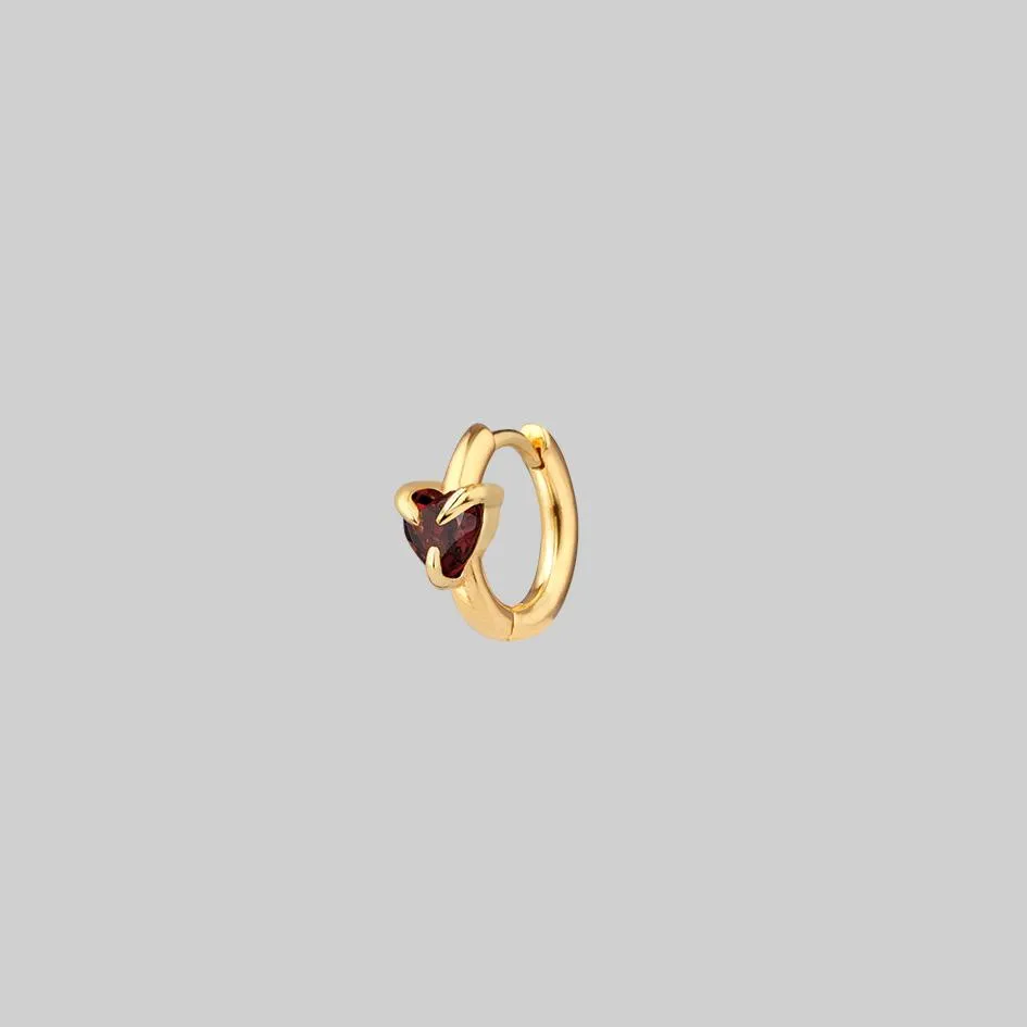 HEART & SOUL. Garnet Heart Hoop Earrings - Gold