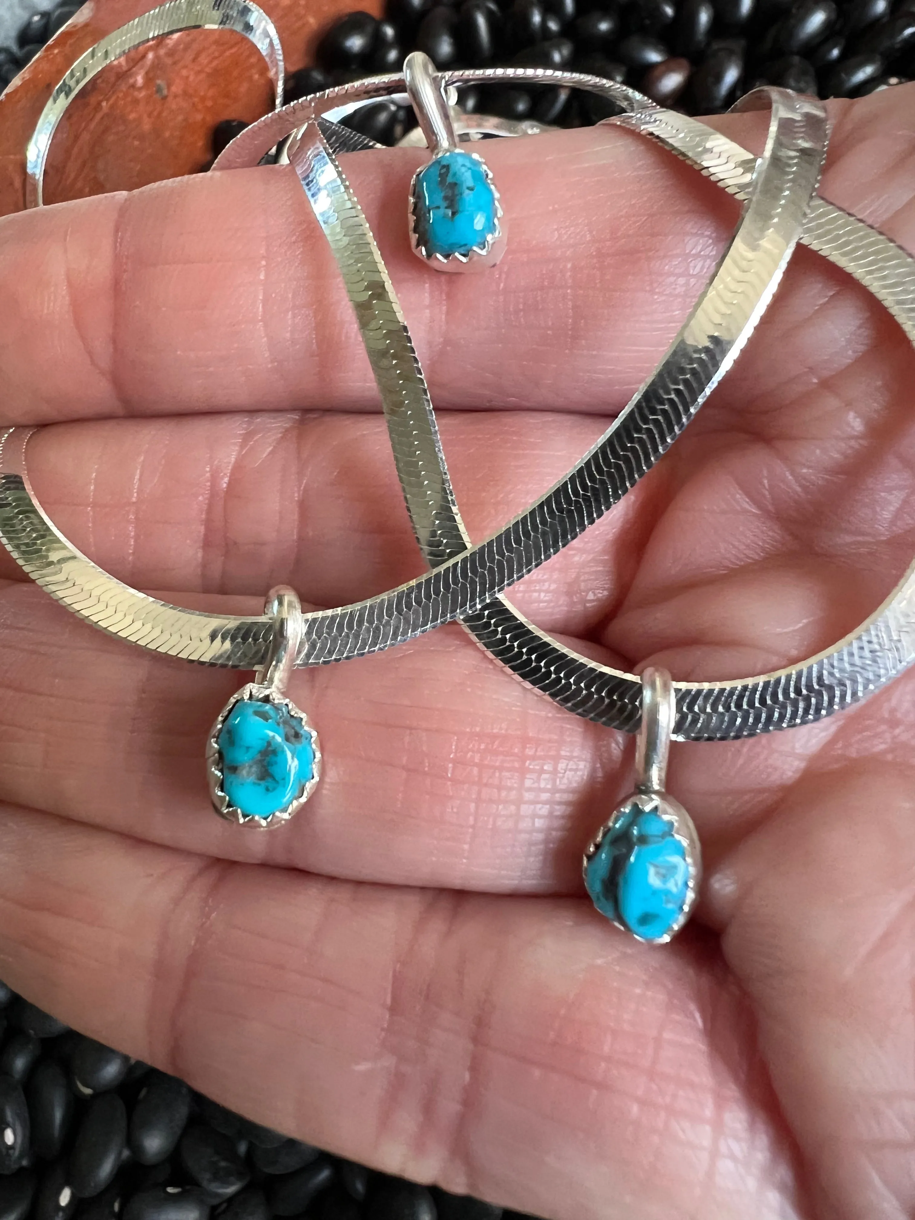 Herringbone Sterling Silver Chain with Turquoise Pendant