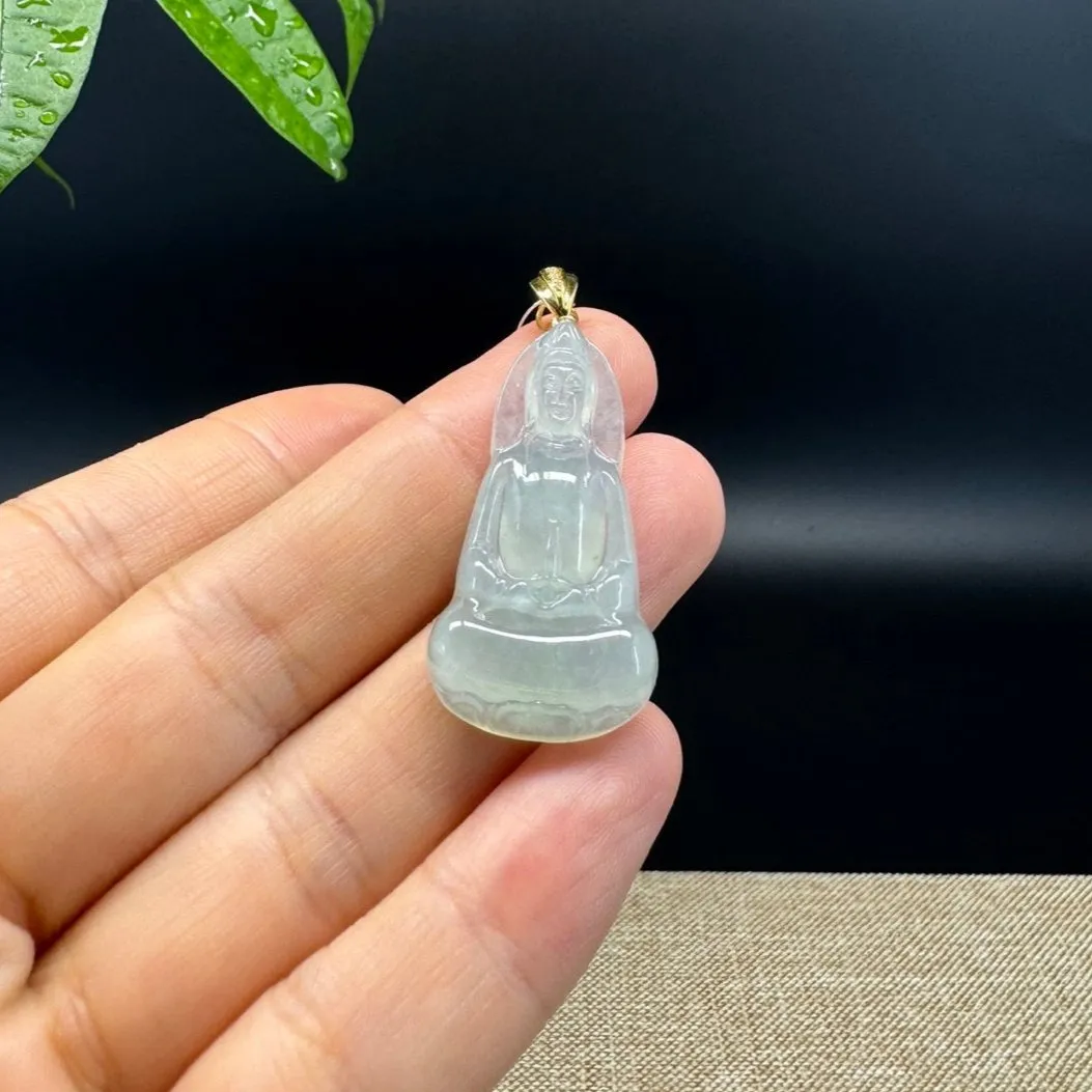 High-end 18K Yellow Gold Burmese Icy Green Jadeite Jade Guanyin Pendant with Diamond