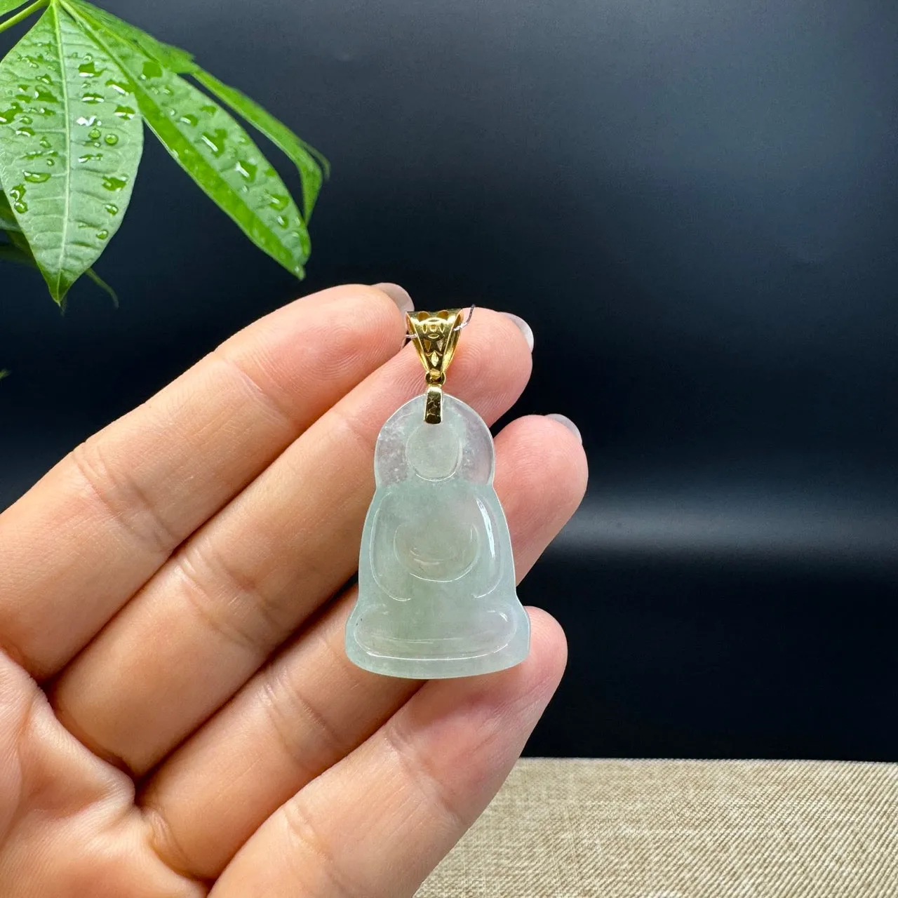 High-end 18K Yellow Gold Burmese Icy Green Jadeite Jade Guanyin Pendant