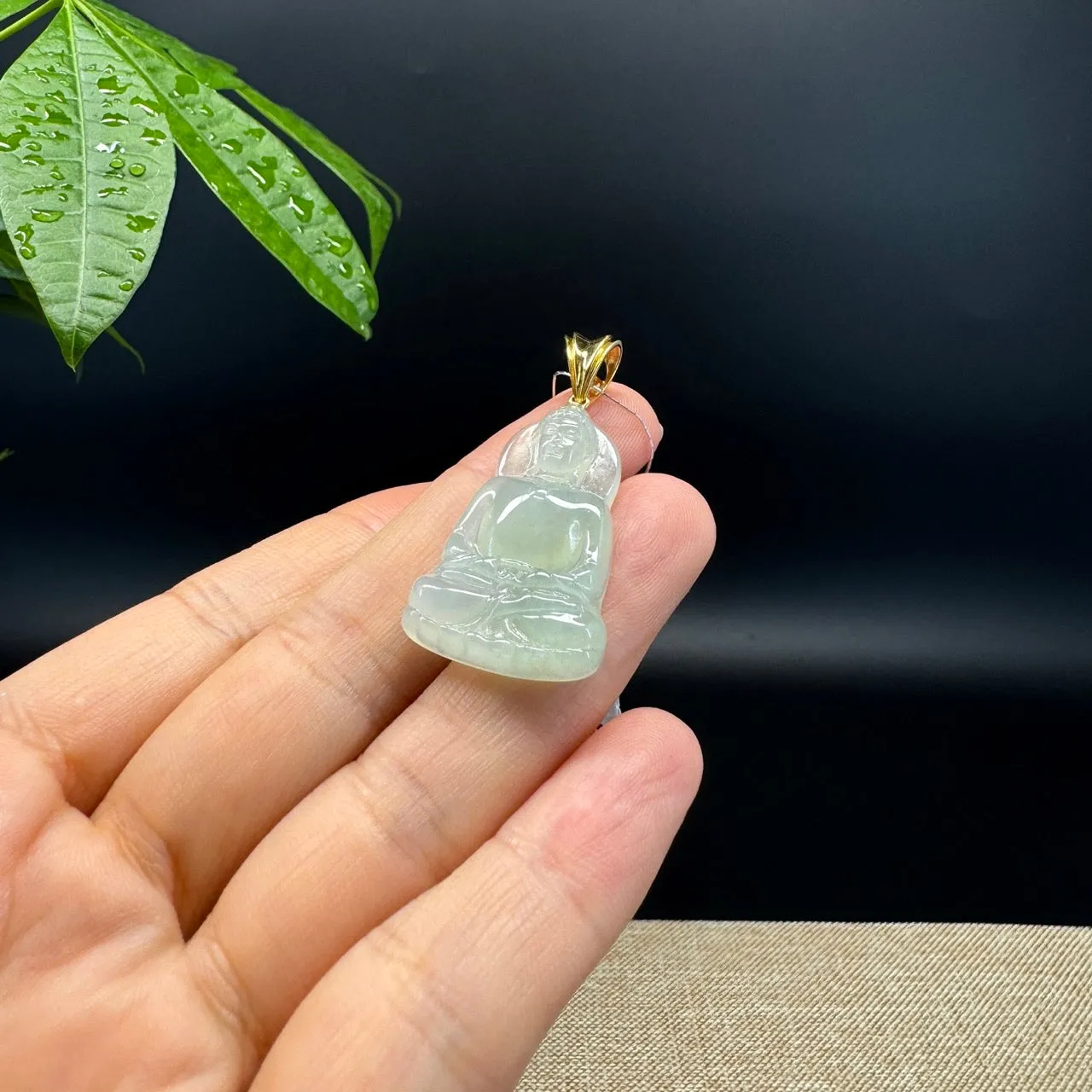 High-end 18K Yellow Gold Burmese Icy Green Jadeite Jade Guanyin Pendant