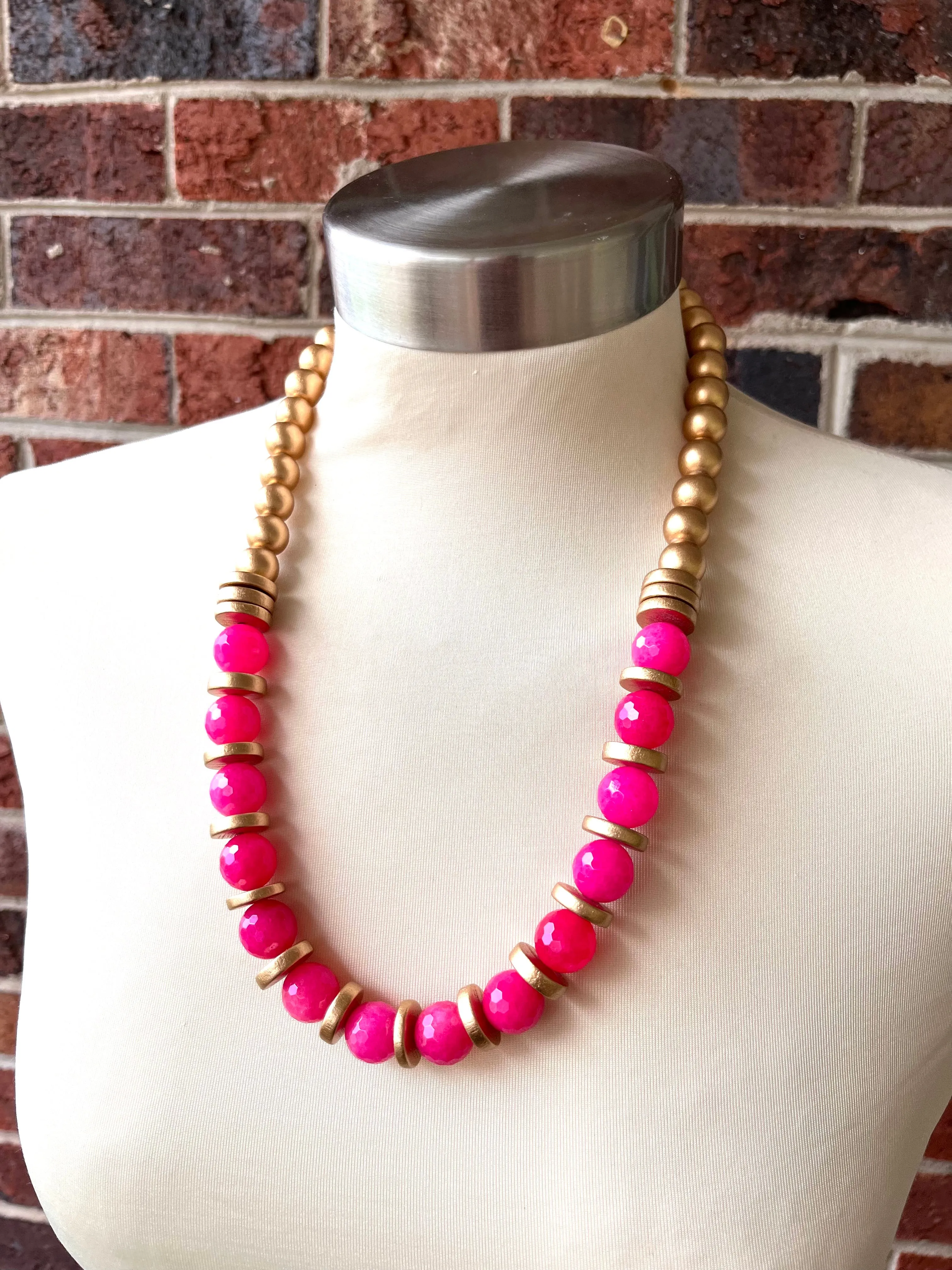 Hot Pink Gold Statement Long Bead Chunky Jade Wood Necklace - Mollie