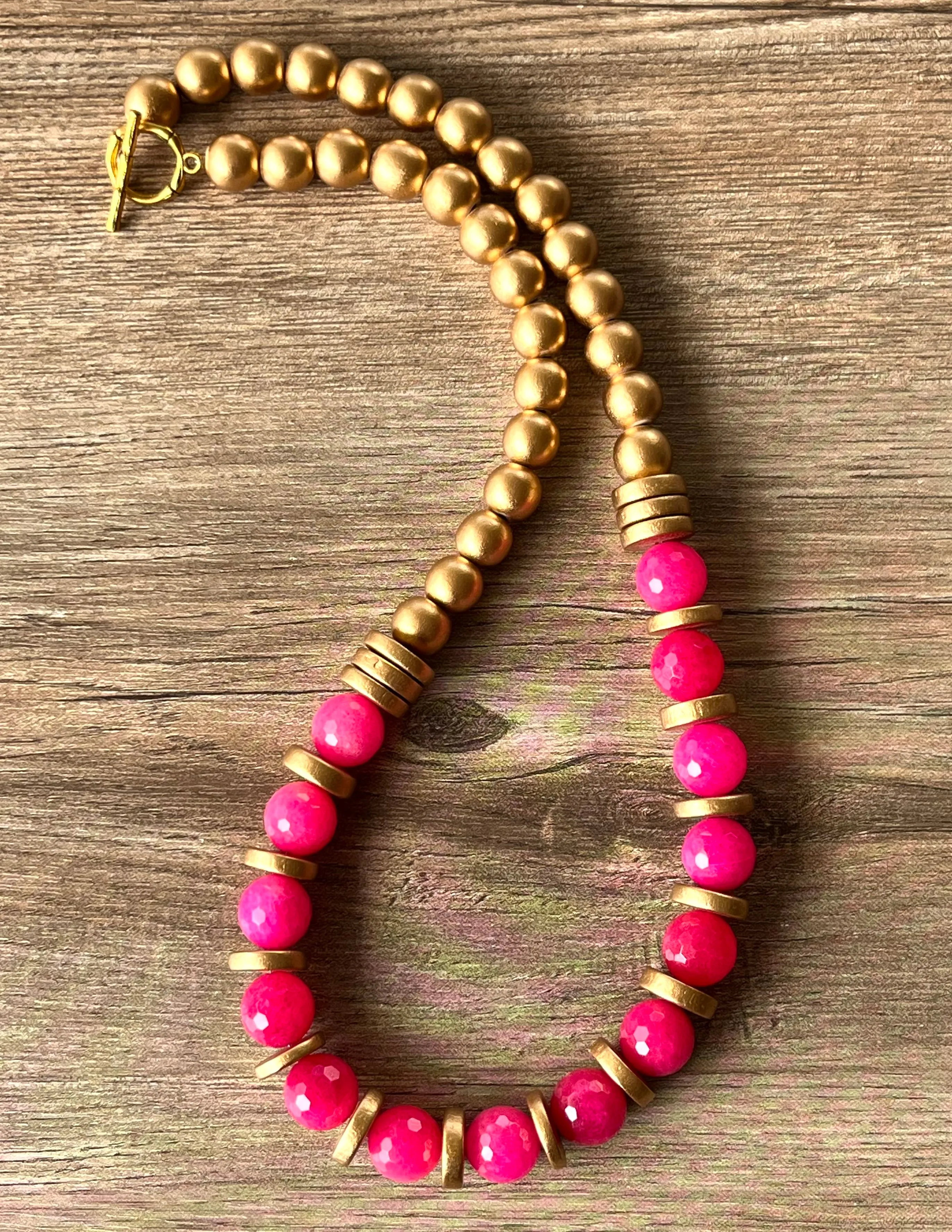 Hot Pink Gold Statement Long Bead Chunky Jade Wood Necklace - Mollie