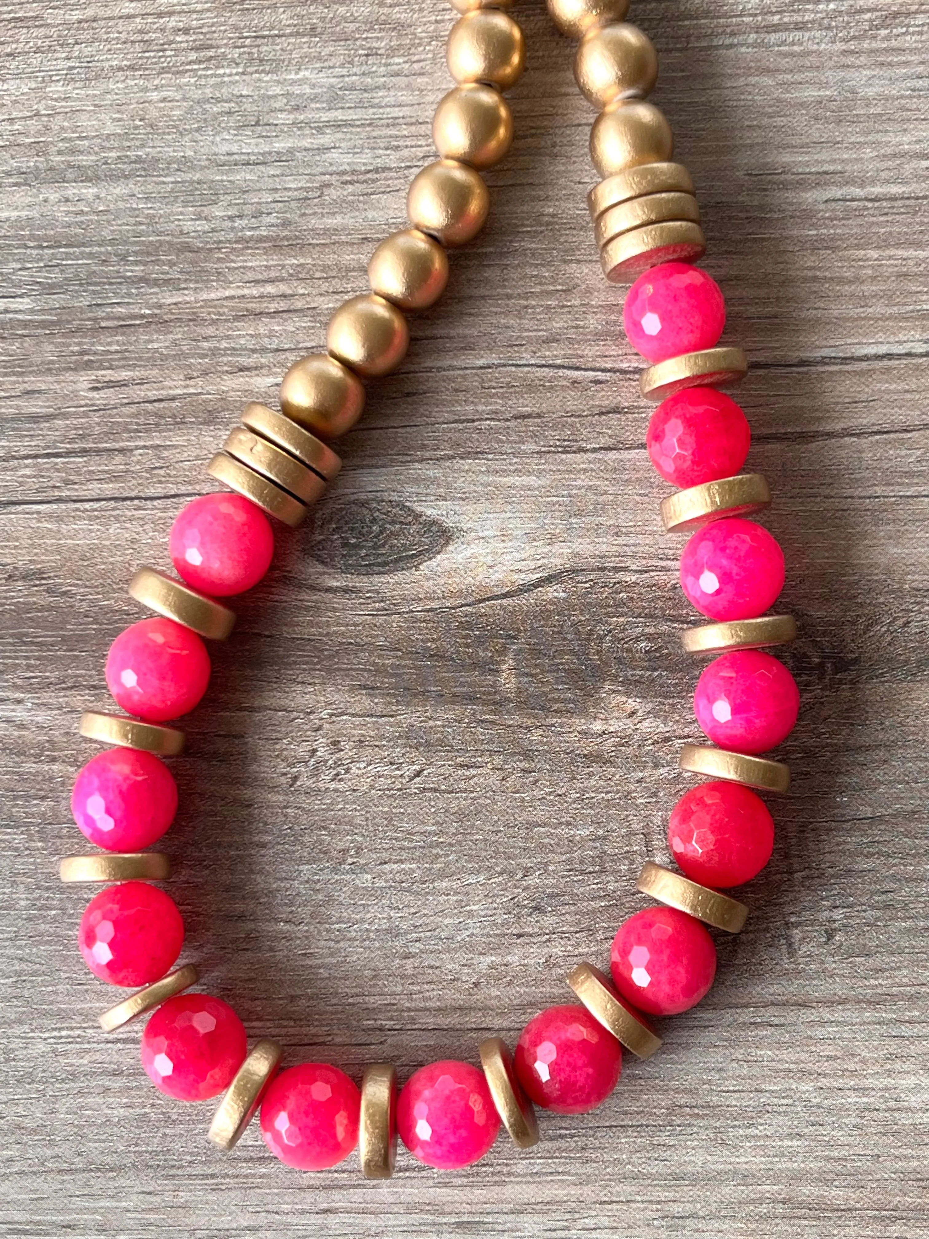 Hot Pink Gold Statement Long Bead Chunky Jade Wood Necklace - Mollie