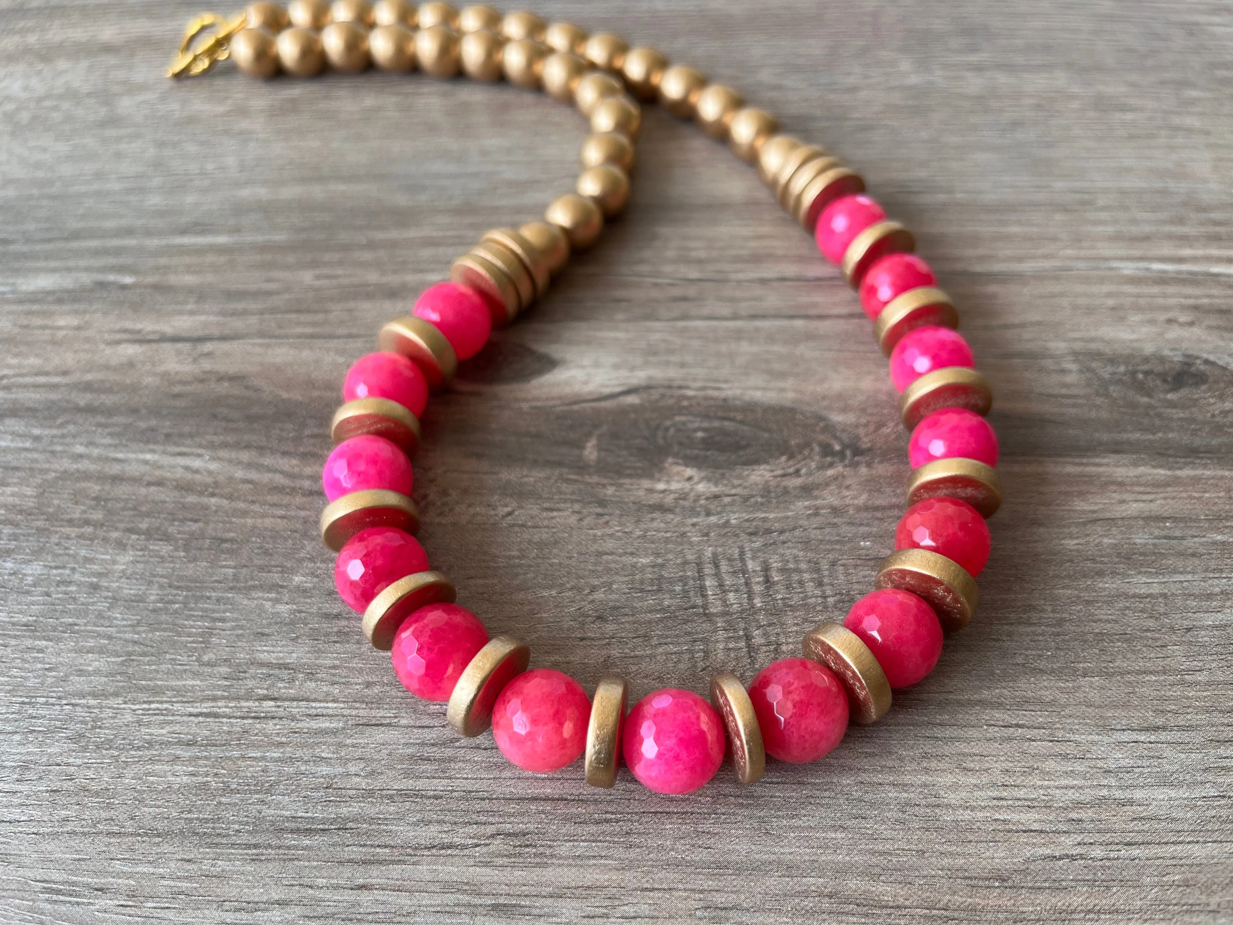 Hot Pink Gold Statement Long Bead Chunky Jade Wood Necklace - Mollie