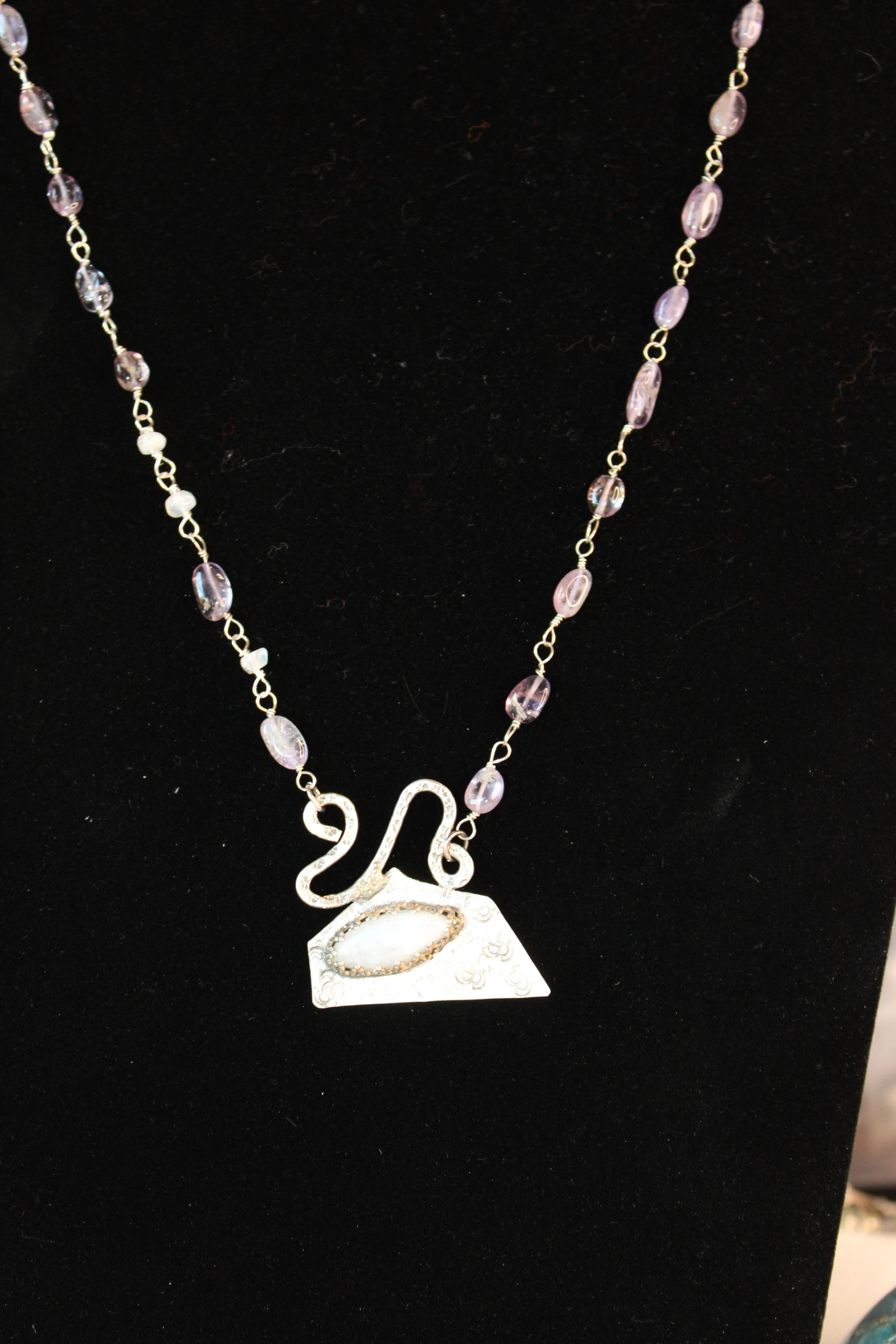 Huge Rainbow Moonstone and Amethyst Necklace with Bead chain and Geometric design