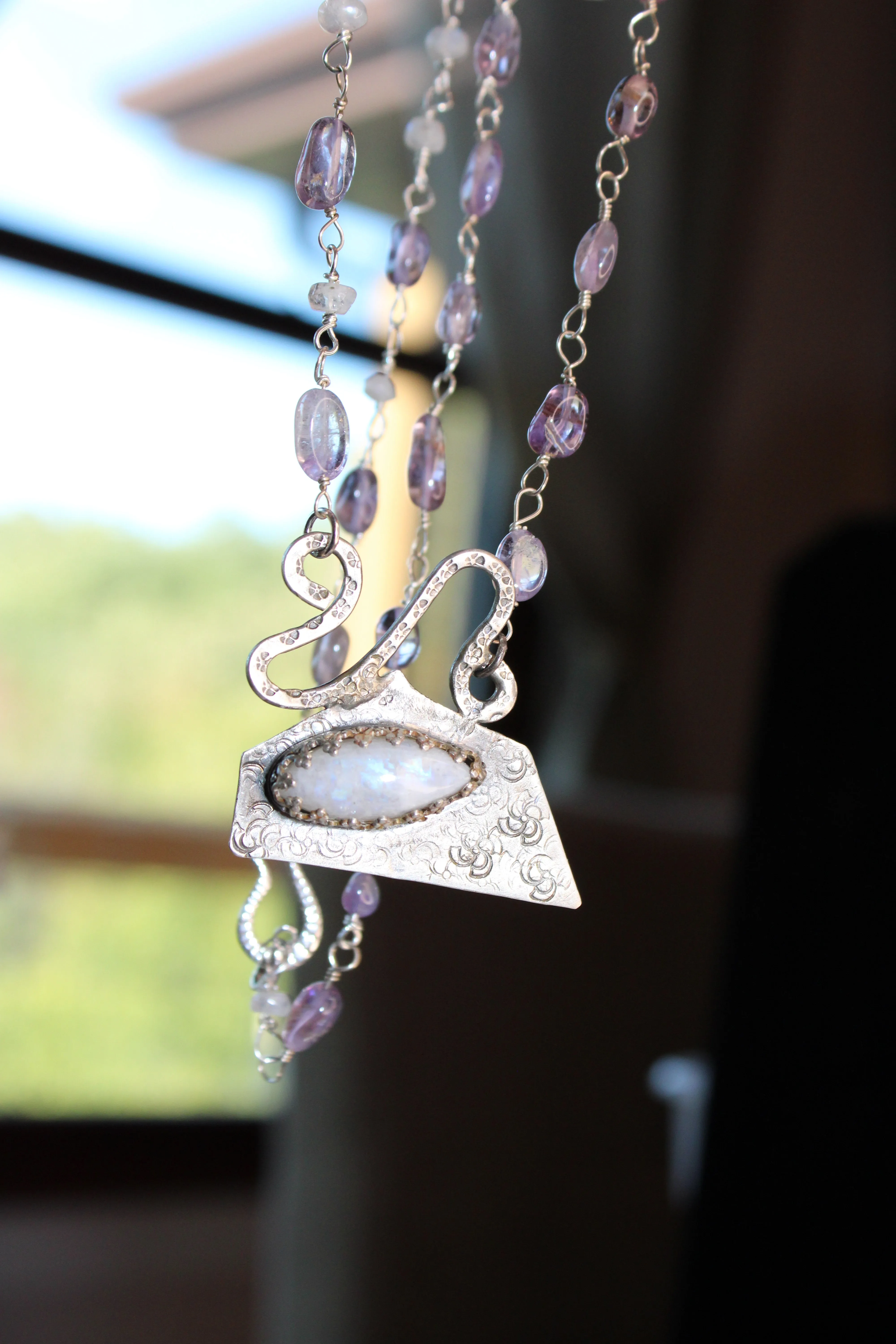 Huge Rainbow Moonstone and Amethyst Necklace with Bead chain and Geometric design