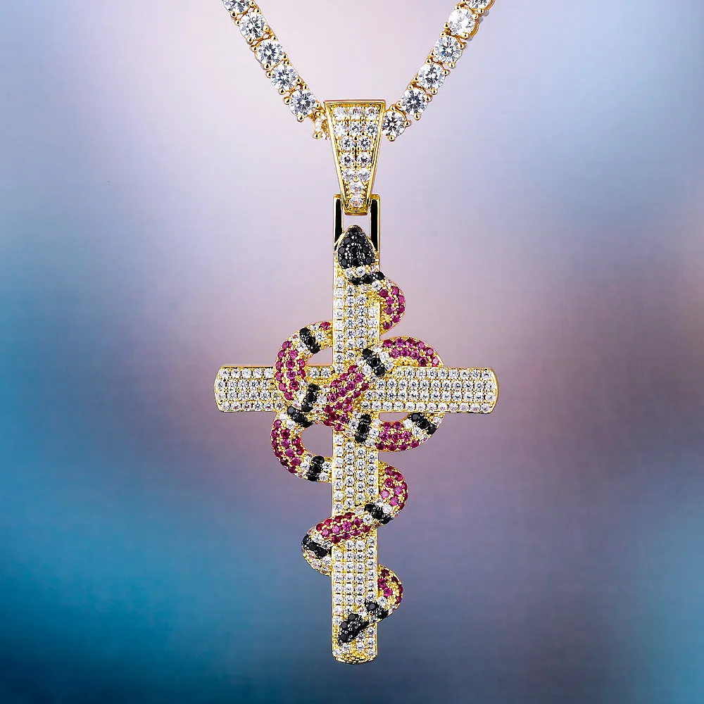 Iced Out Mens Cross Nacklace with Coral Snake Twist Pendant in 14K Gold KRKC