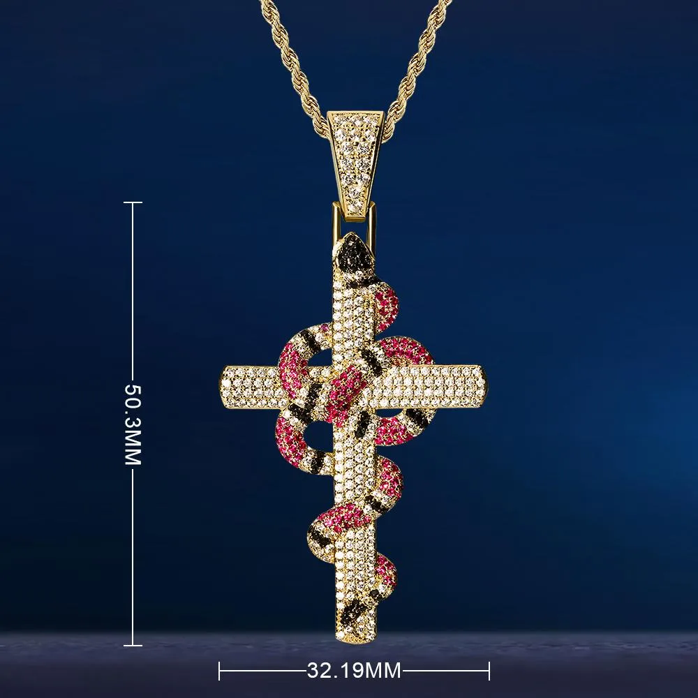 Iced Out Mens Cross Nacklace with Coral Snake Twist Pendant in 14K Gold KRKC