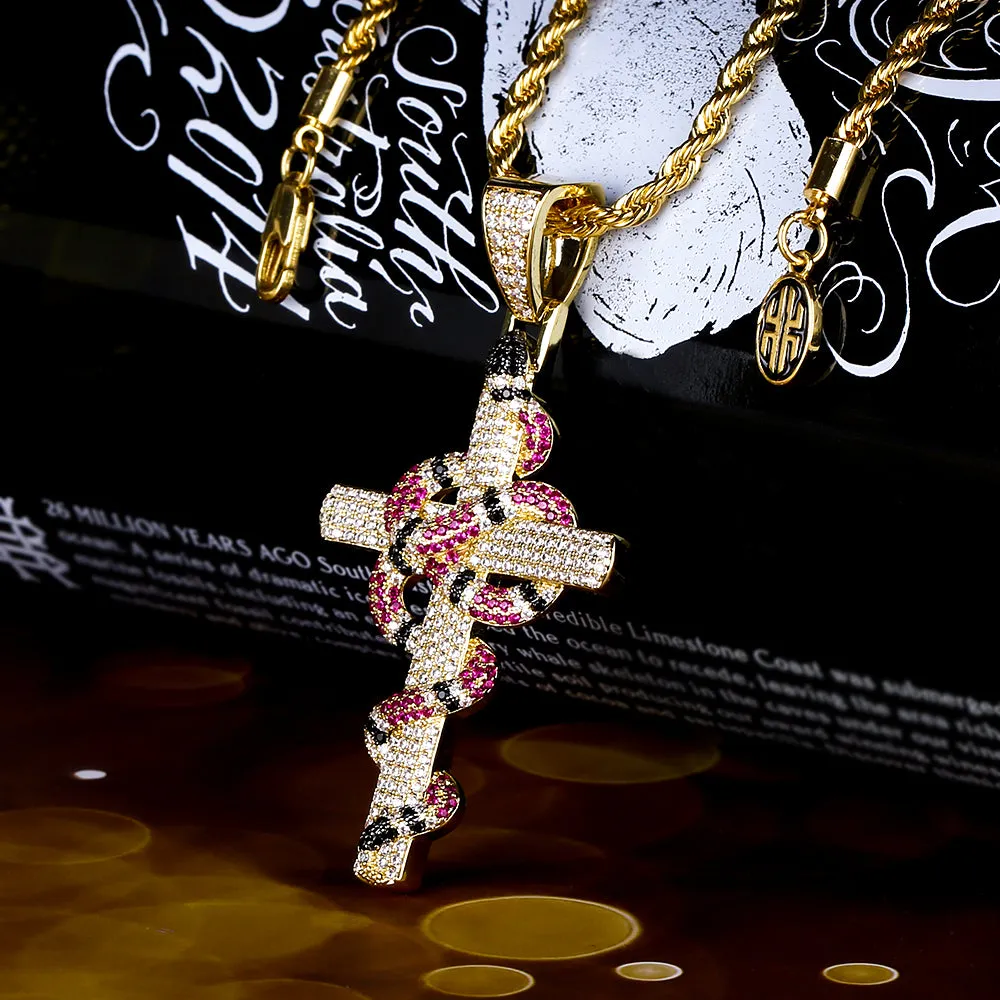 Iced Out Mens Cross Nacklace with Coral Snake Twist Pendant in 14K Gold KRKC