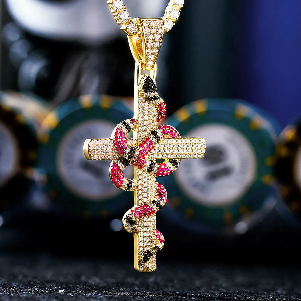 Iced Out Mens Cross Nacklace with Coral Snake Twist Pendant in 14K Gold KRKC