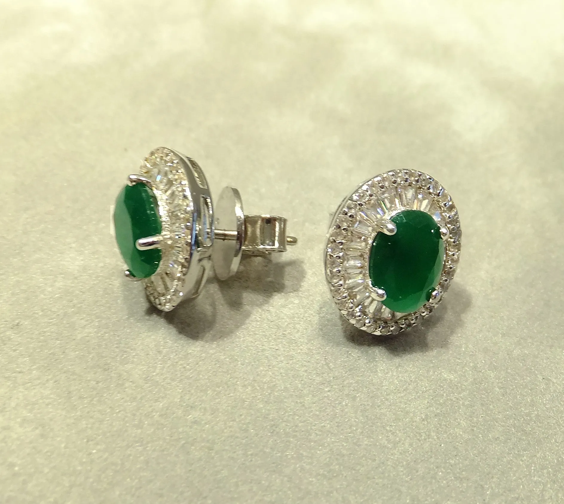 Indian Emeralds and White Topaz Gemstone Stud Earrings