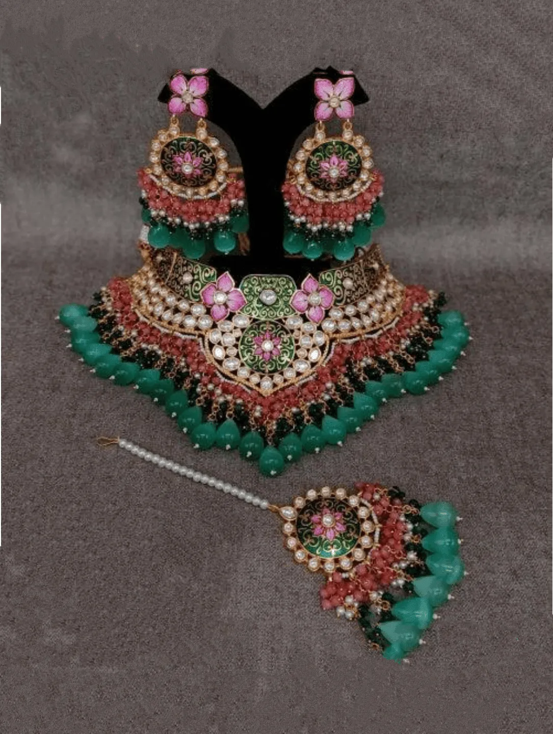 Ishhaara Bride In Royal Meenakari Necklace Earring And Teeka Set