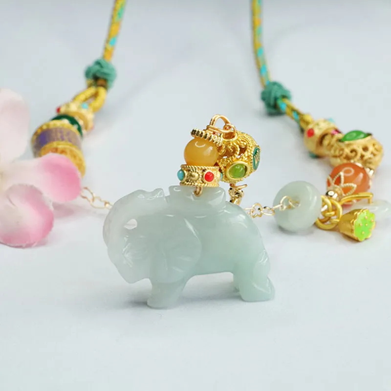 Jade Elephant Blessing Necklace with Sterling Silver Chain