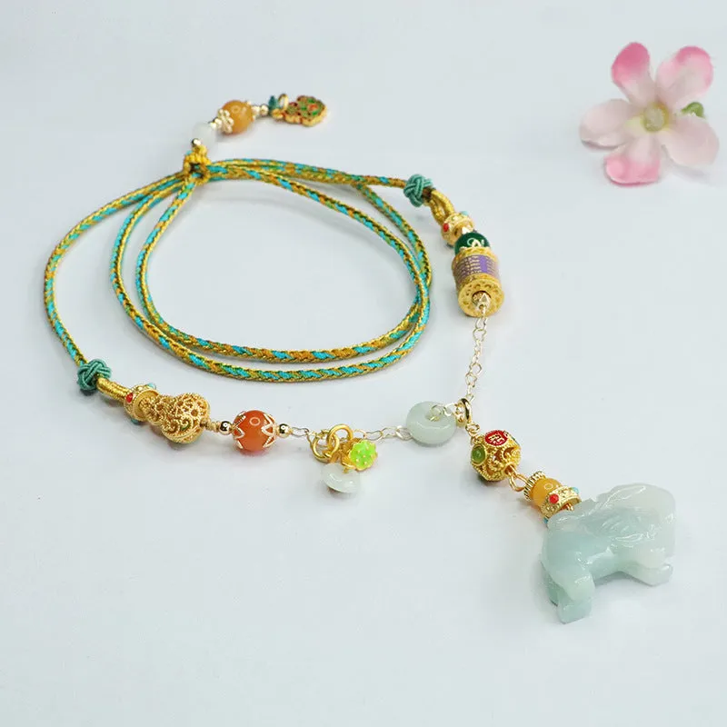 Jade Elephant Blessing Necklace with Sterling Silver Chain