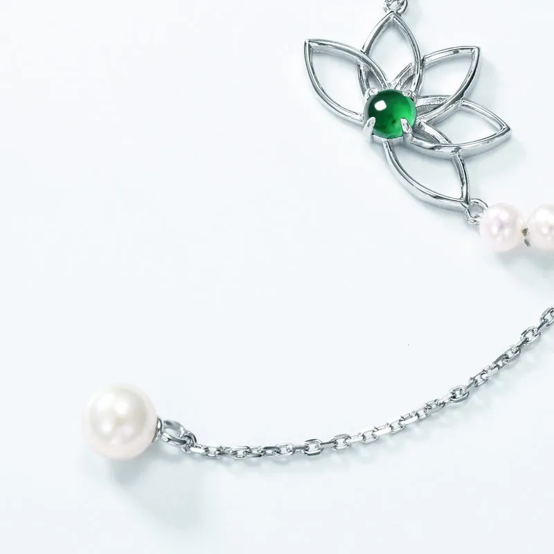 Jade Lotus Pearl Drop Pendant Necklace