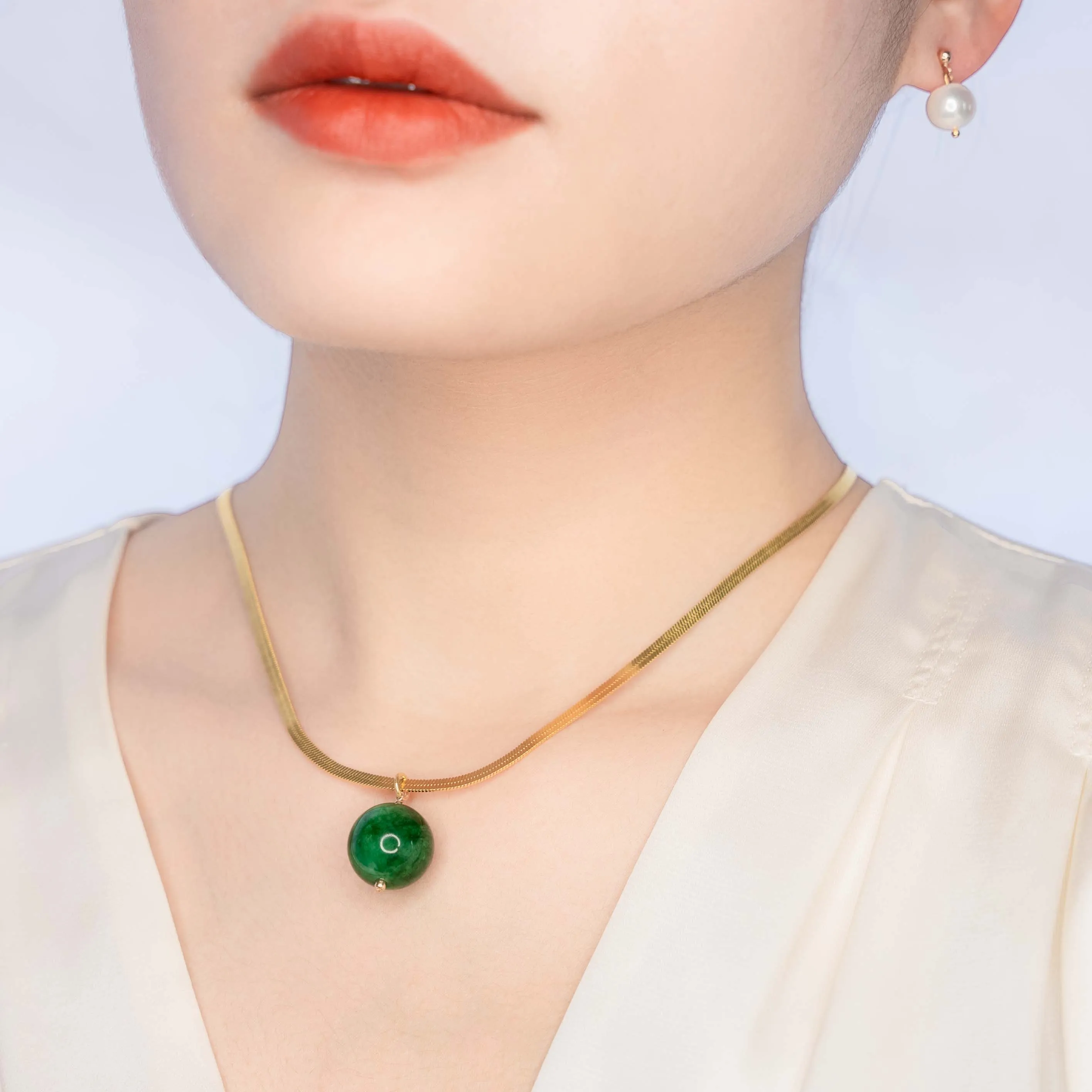 Jade Pendant Necklace with Gold Herringbone Chain