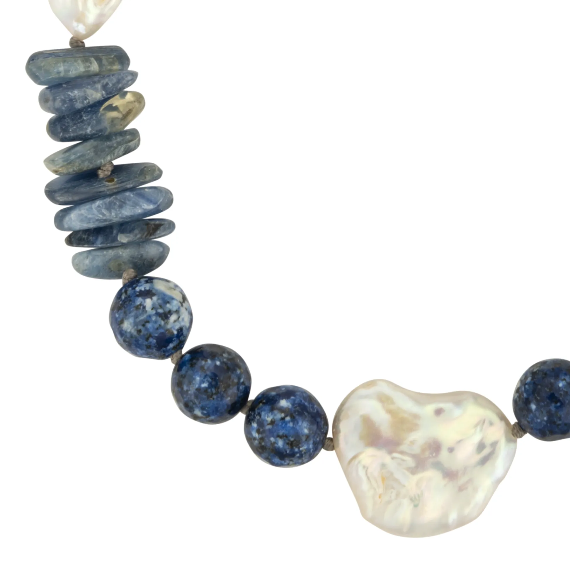 Kyanite and triple biwa pearl necklace