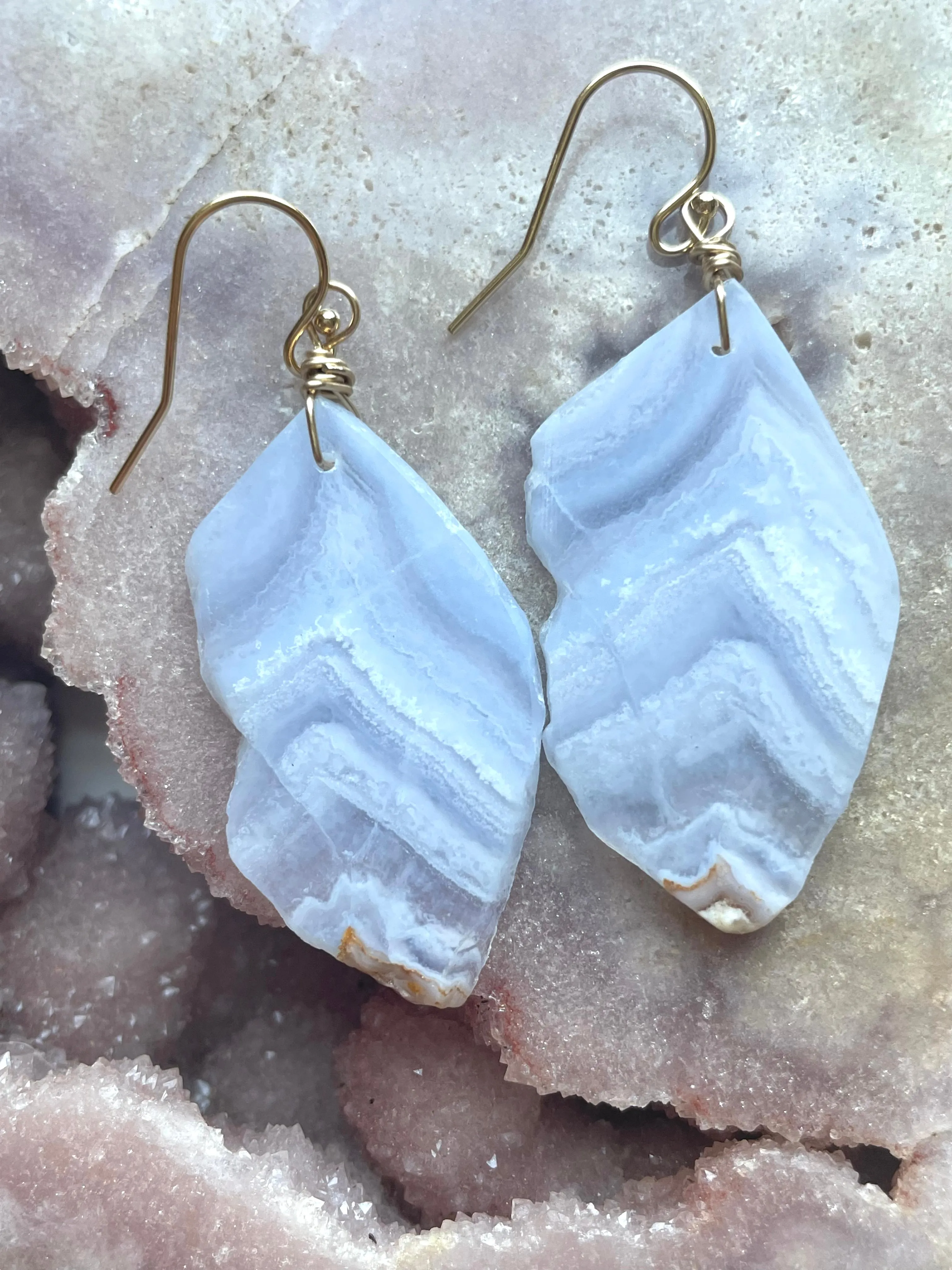 Large Blue Lace Agate Gold Filled Statement Crystal Gemstone Earrings