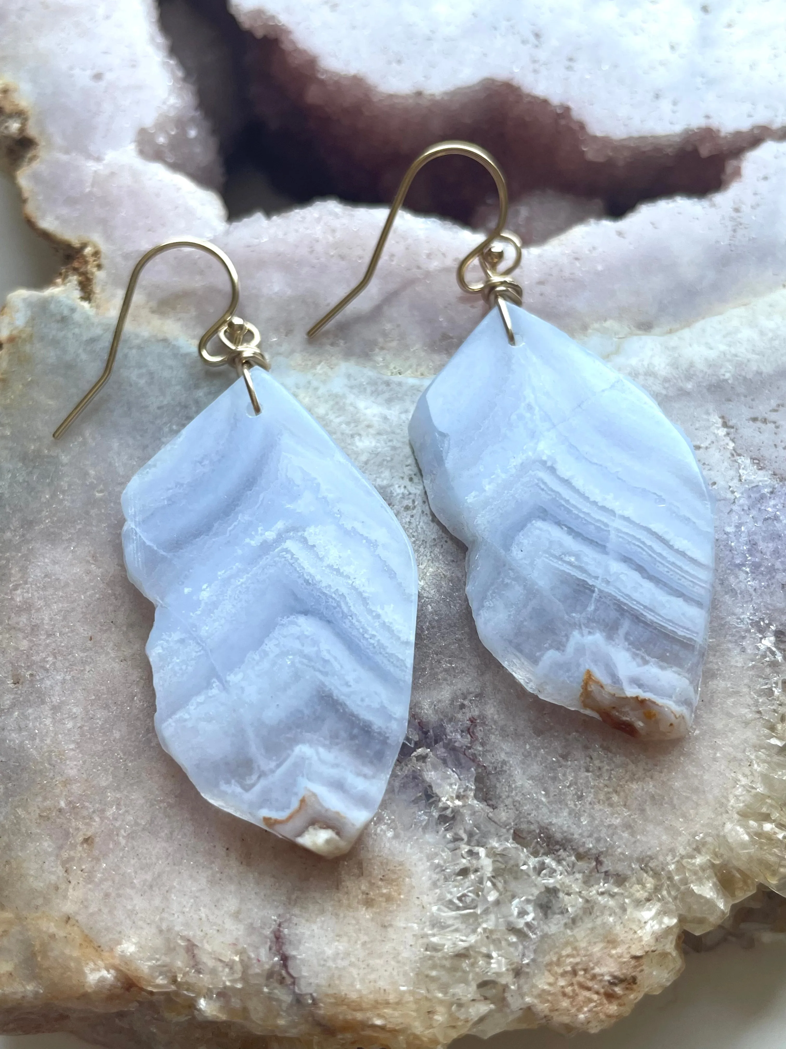 Large Blue Lace Agate Gold Filled Statement Crystal Gemstone Earrings