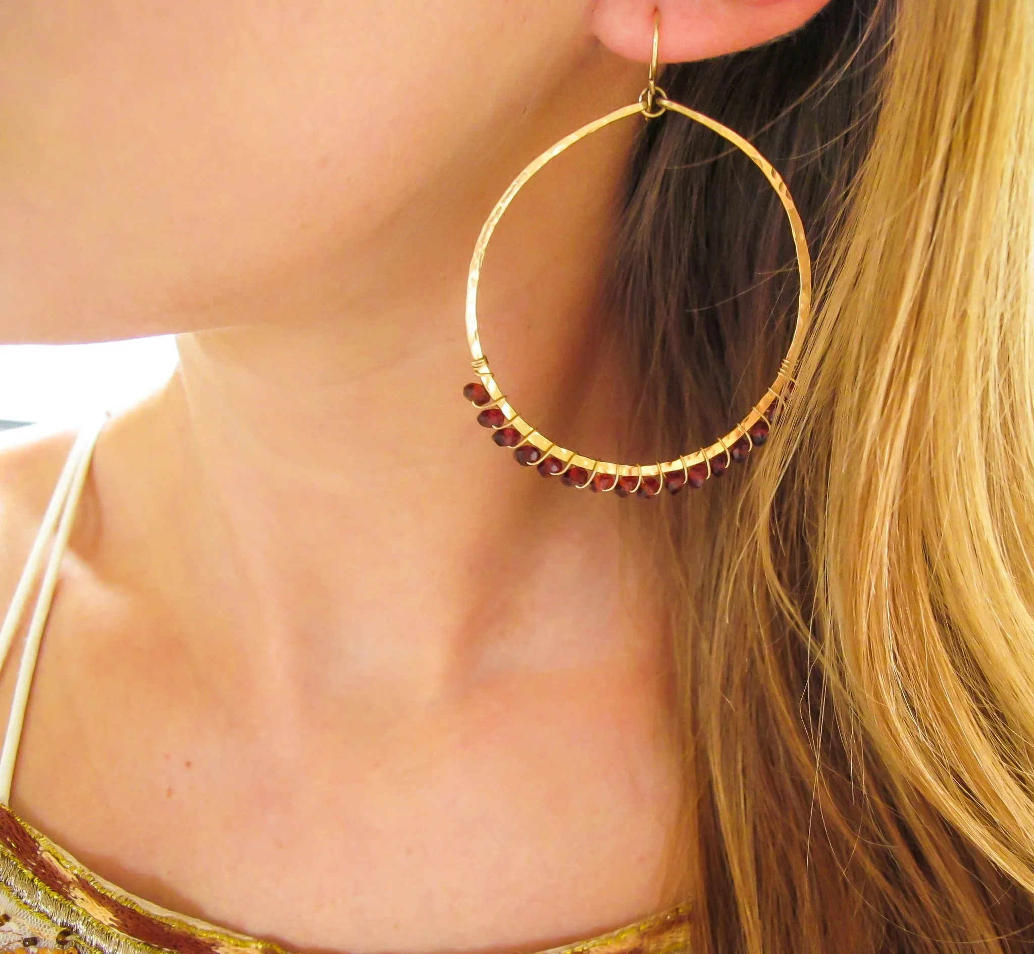 Large Hoop Gemstone Earrings - Garnet