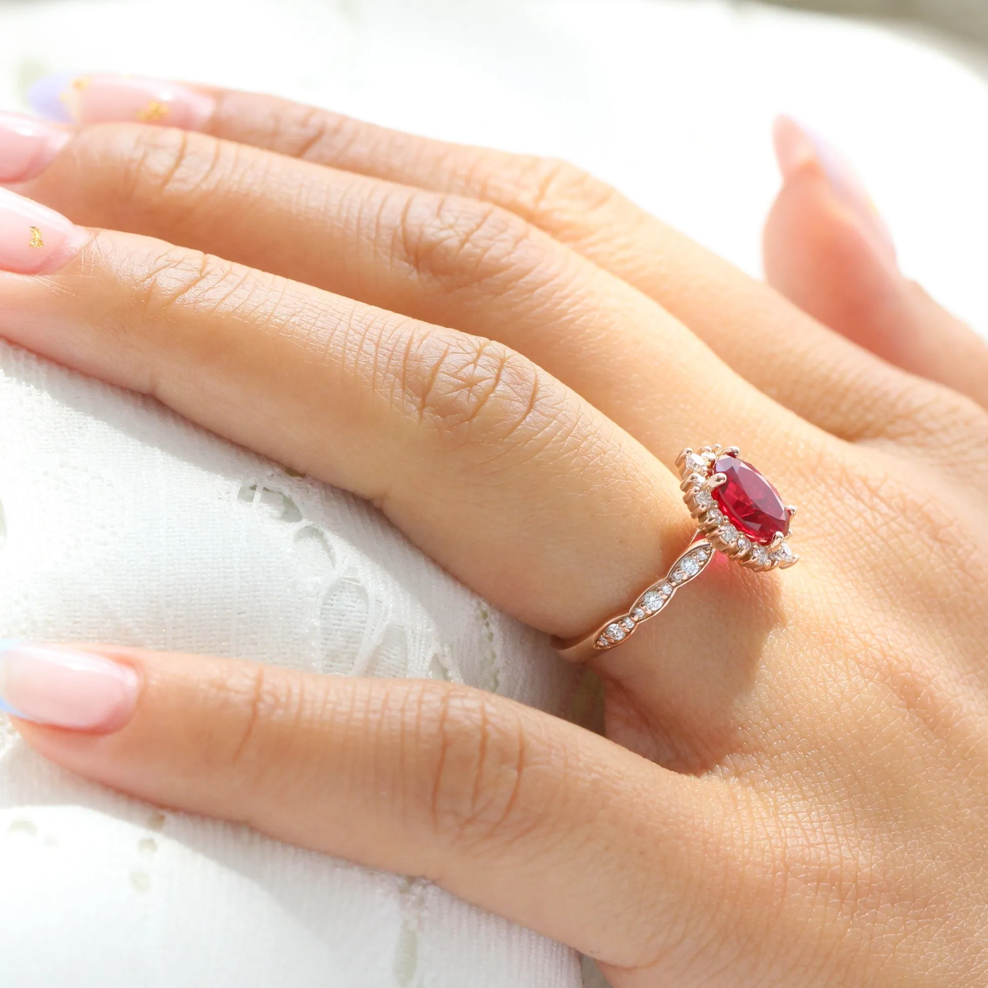 Large Oval Ruby Engagement Ring in Tiara Halo Diamond Scalloped Band