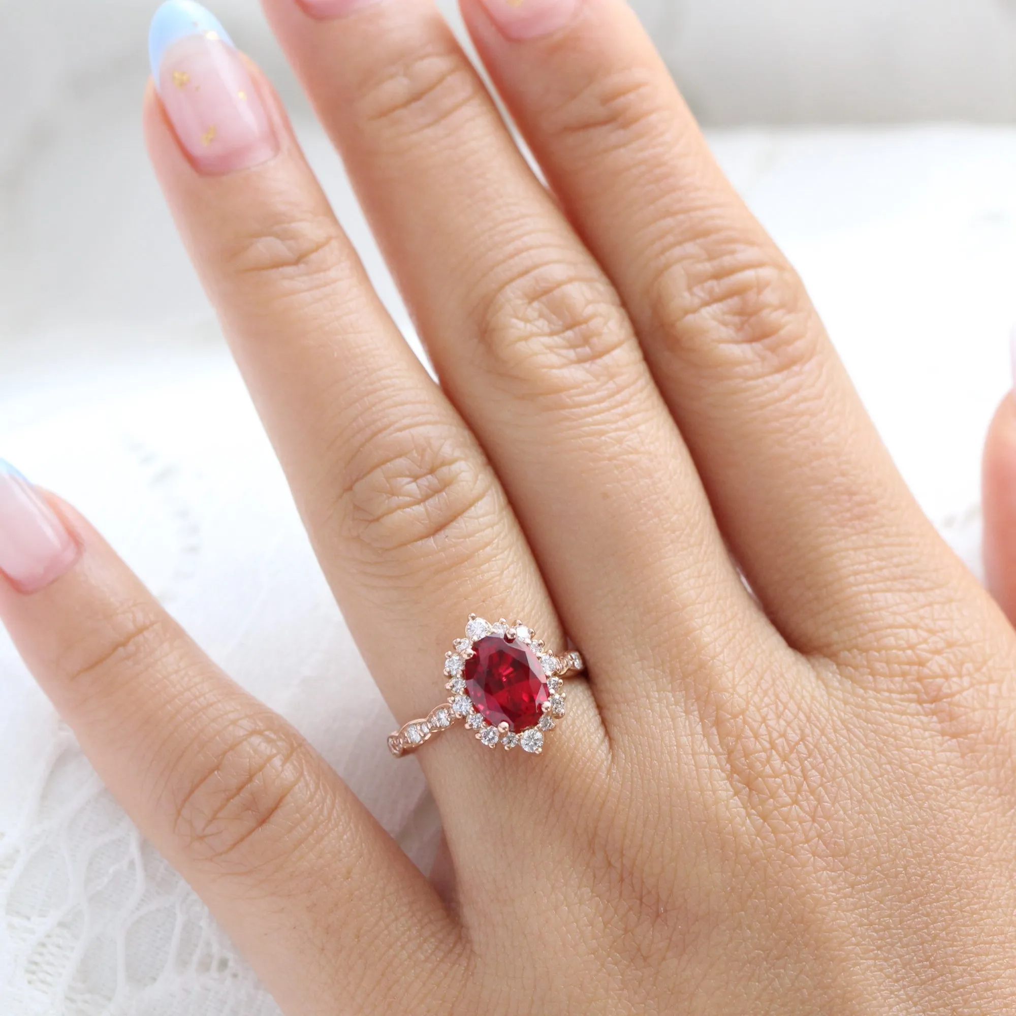 Large Oval Ruby Engagement Ring in Tiara Halo Diamond Scalloped Band