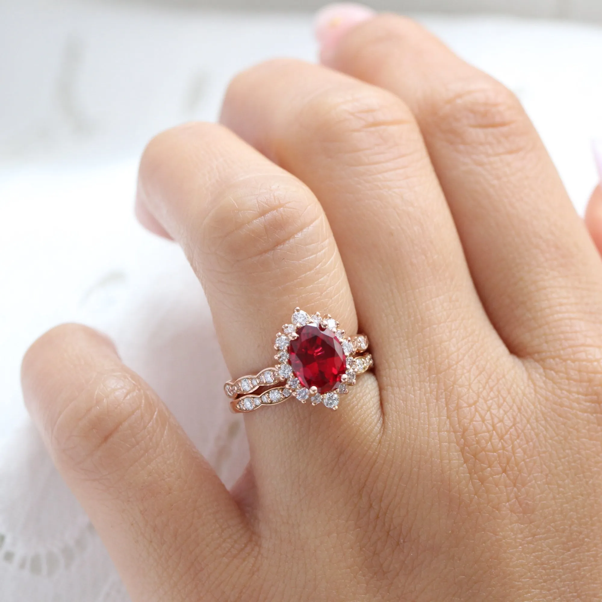 Large Oval Ruby Engagement Ring in Tiara Halo Diamond Scalloped Band