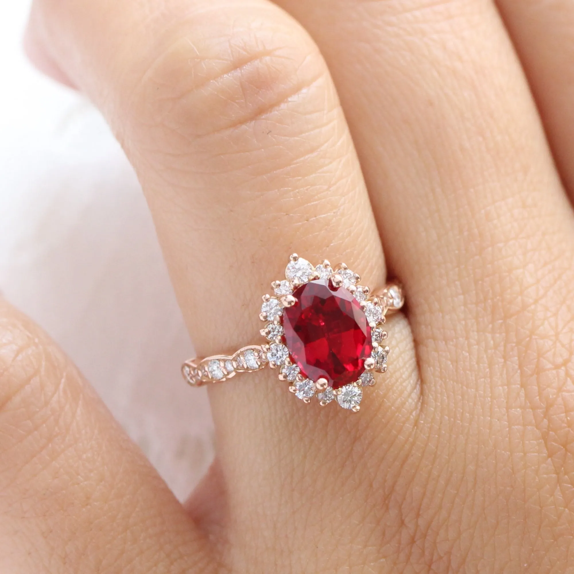 Large Oval Ruby Engagement Ring in Tiara Halo Diamond Scalloped Band