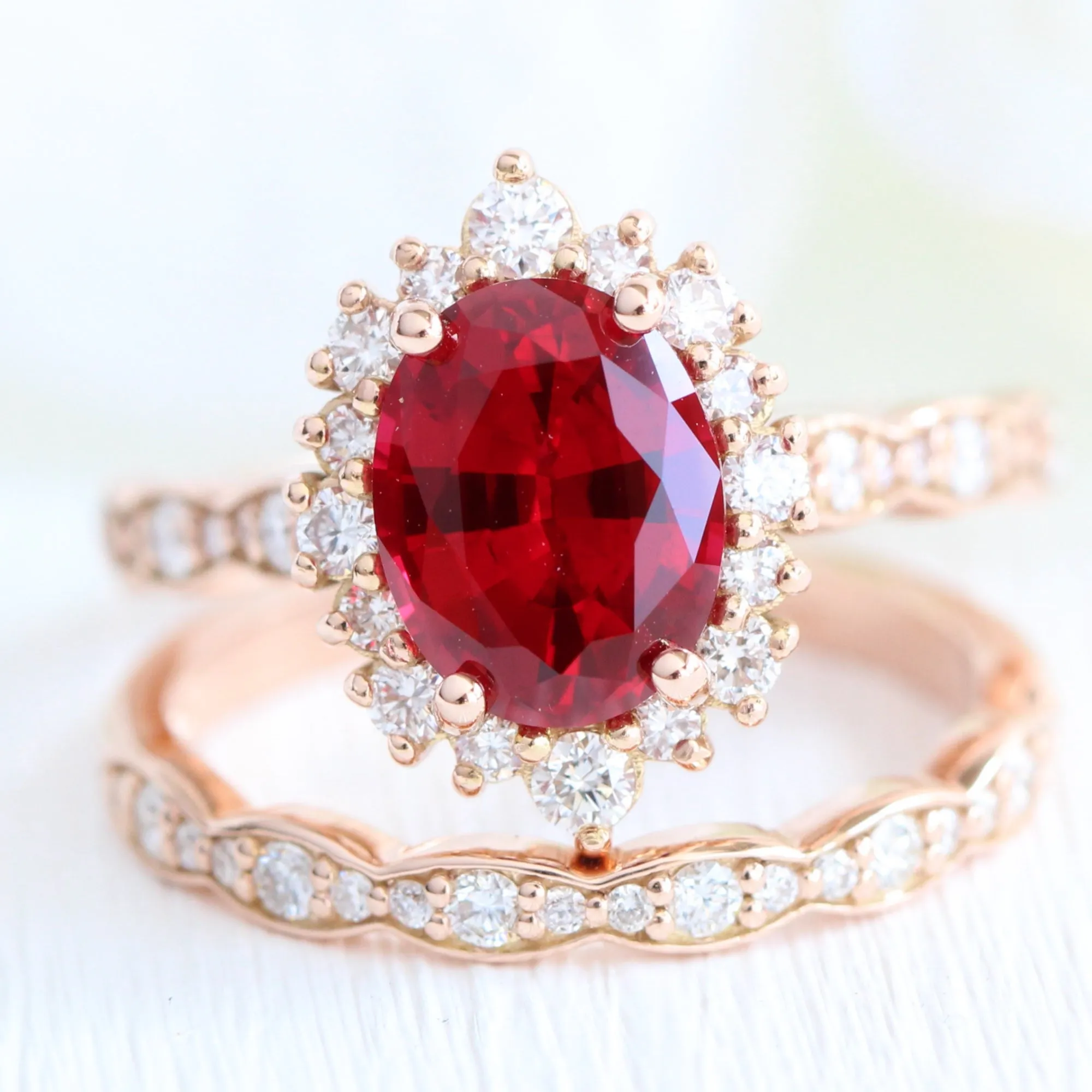 Large Oval Ruby Engagement Ring in Tiara Halo Diamond Scalloped Band