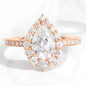 Large Pear Moissanite Diamond Ring in 14k Rose Gold Tiara Halo Pave Band, Size 6.25