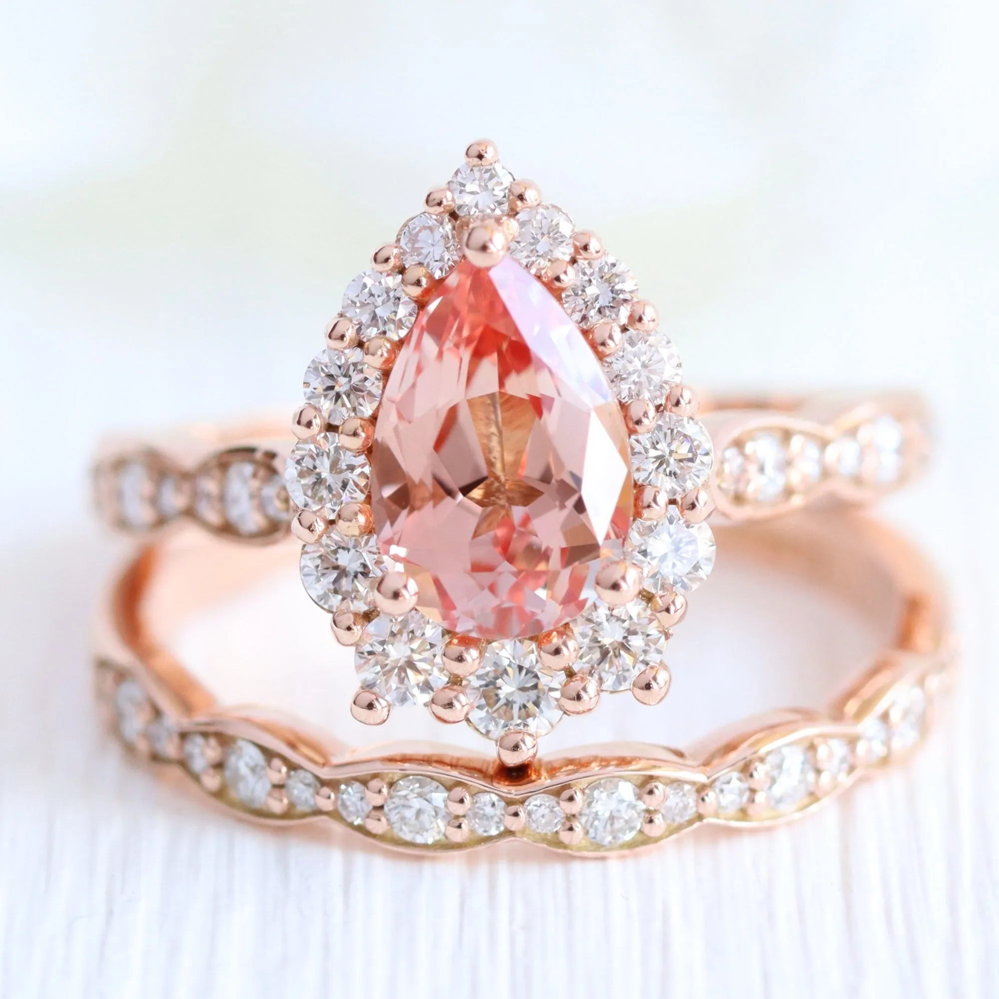 Large Pear Peach Sapphire Ring in Tiara Halo Diamond Scalloped Band