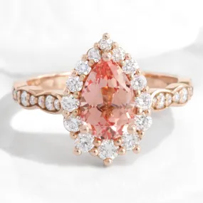 Large Pear Peach Sapphire Ring in Tiara Halo Diamond Scalloped Band