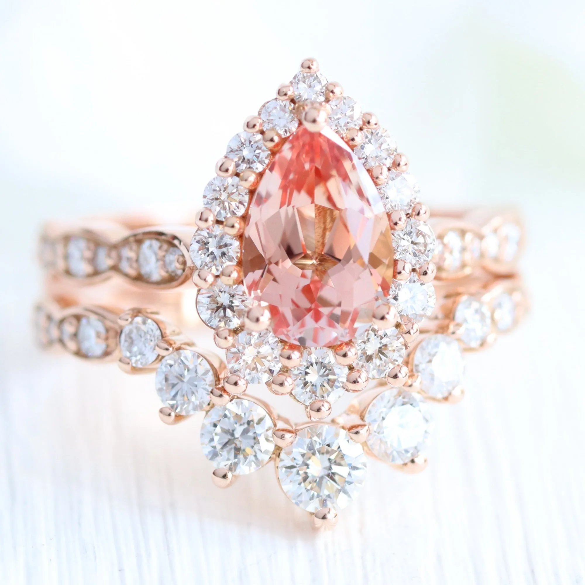 Large Pear Peach Sapphire Ring in Tiara Halo Diamond Scalloped Band