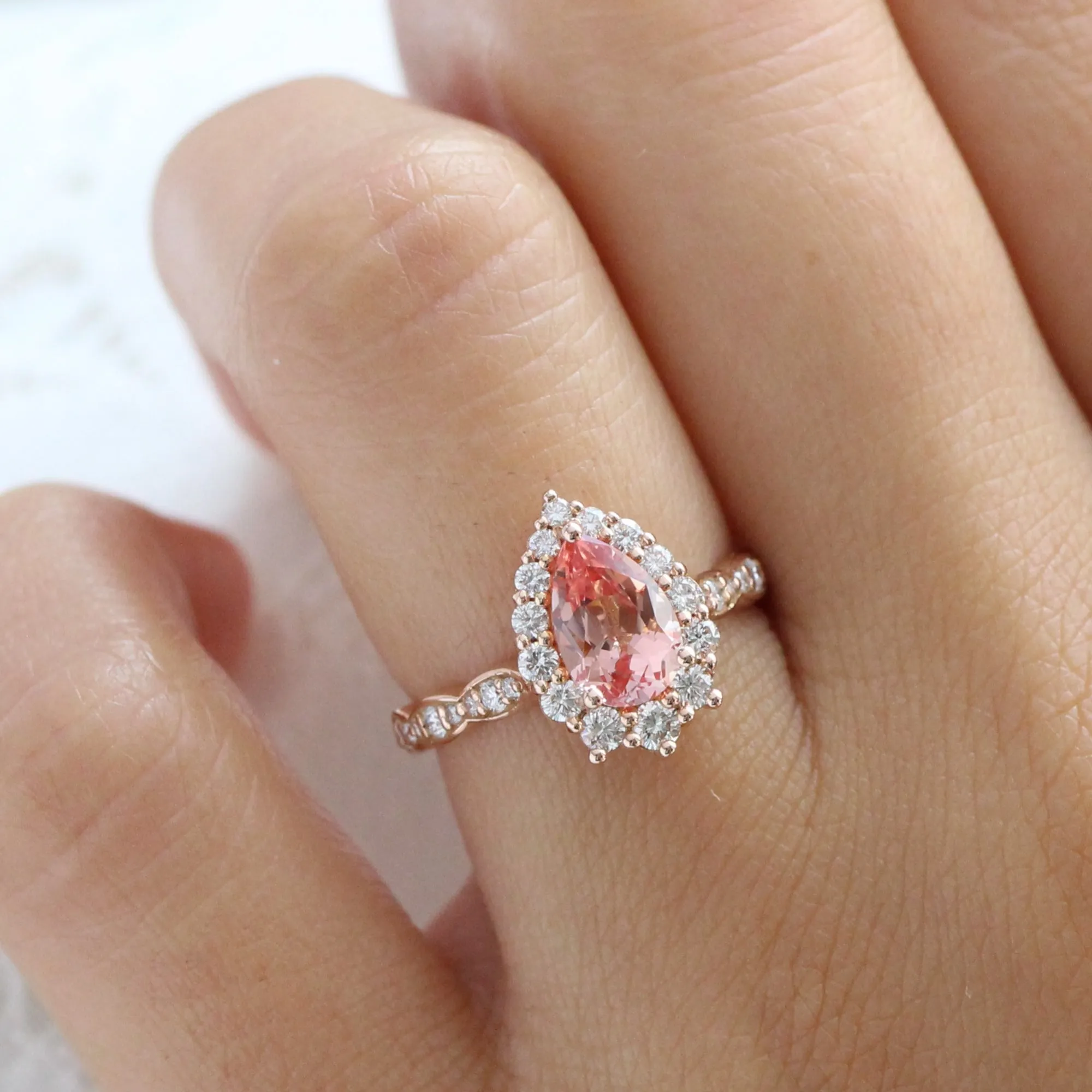 Large Pear Peach Sapphire Ring in Tiara Halo Diamond Scalloped Band