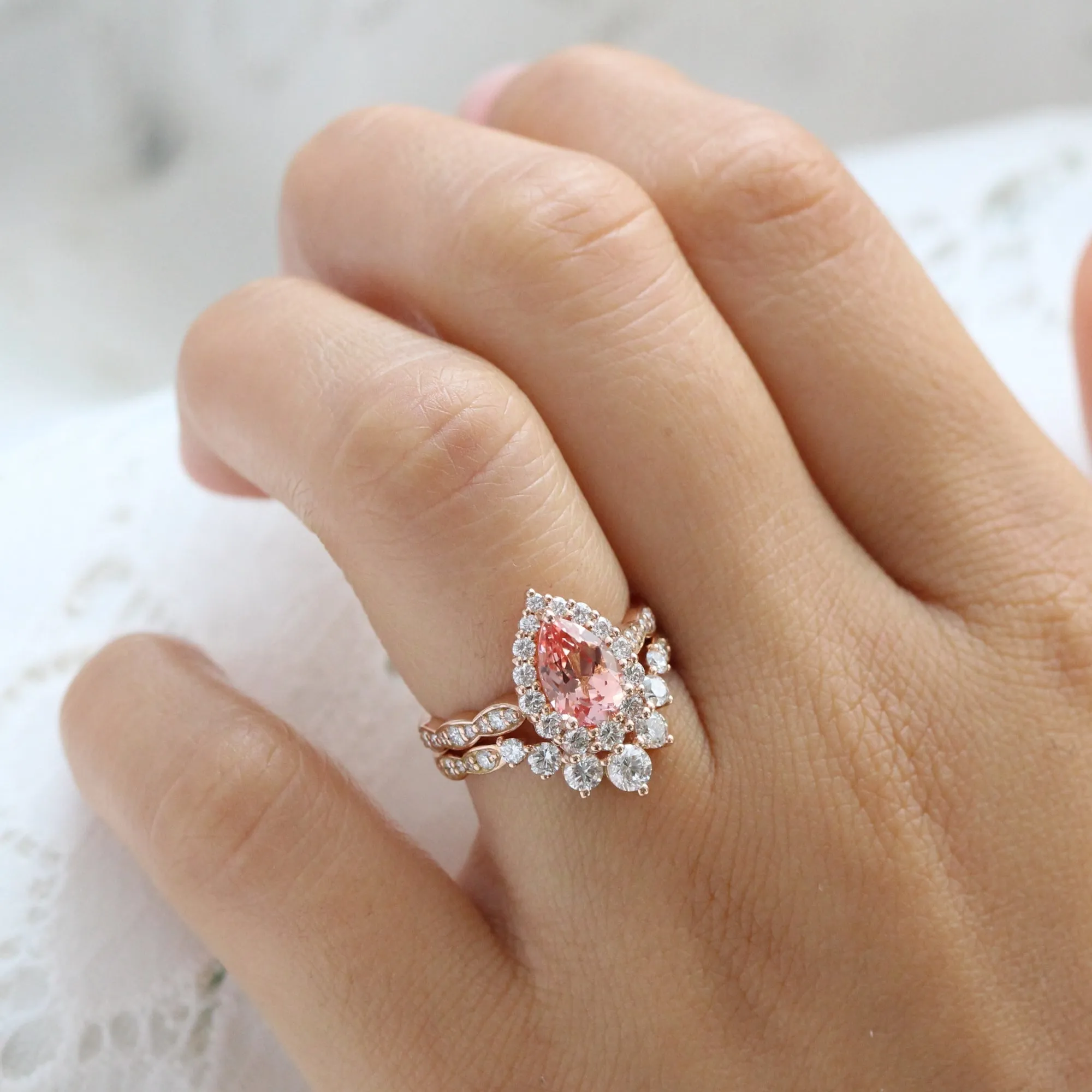 Large Pear Peach Sapphire Ring in Tiara Halo Diamond Scalloped Band