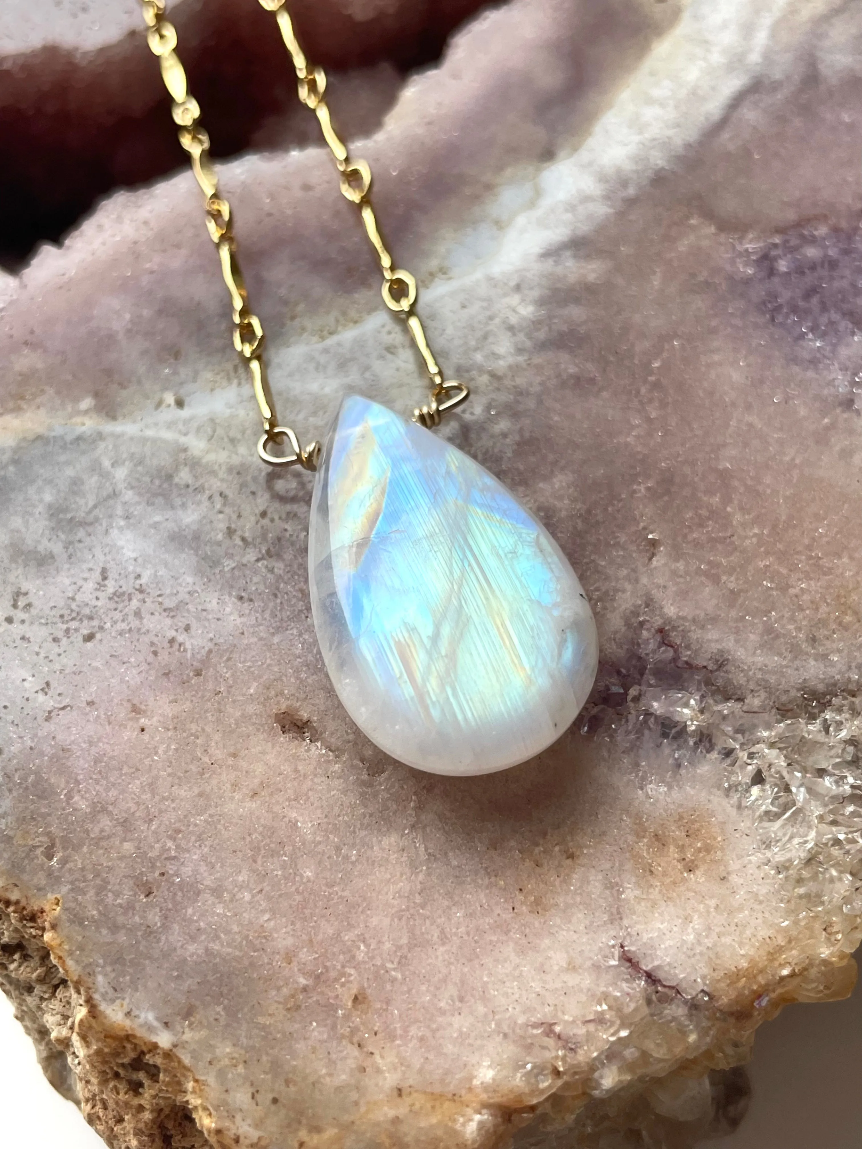 Large statement rainbow moonstone necklace 14kt gold filled