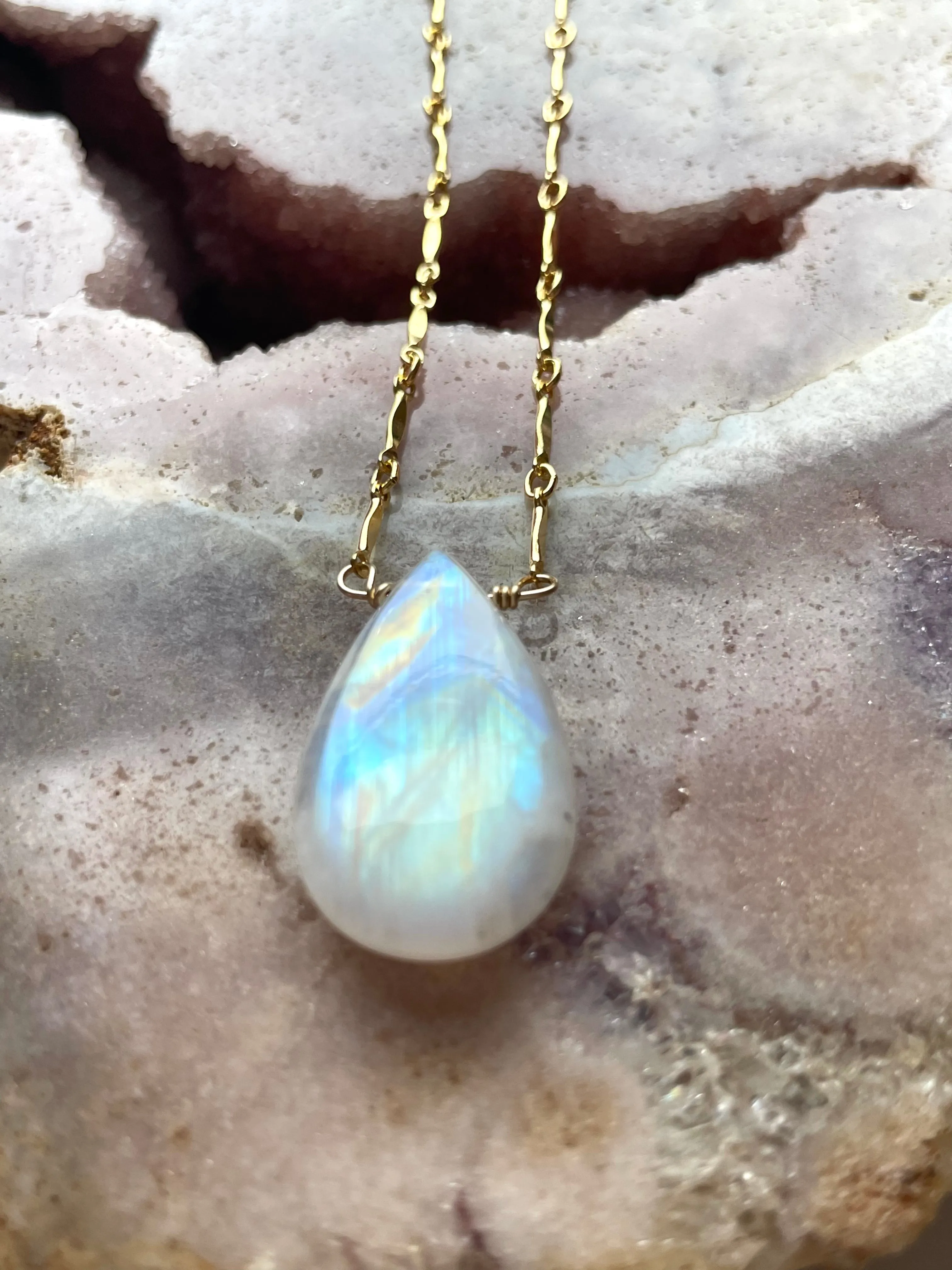 Large statement rainbow moonstone necklace 14kt gold filled