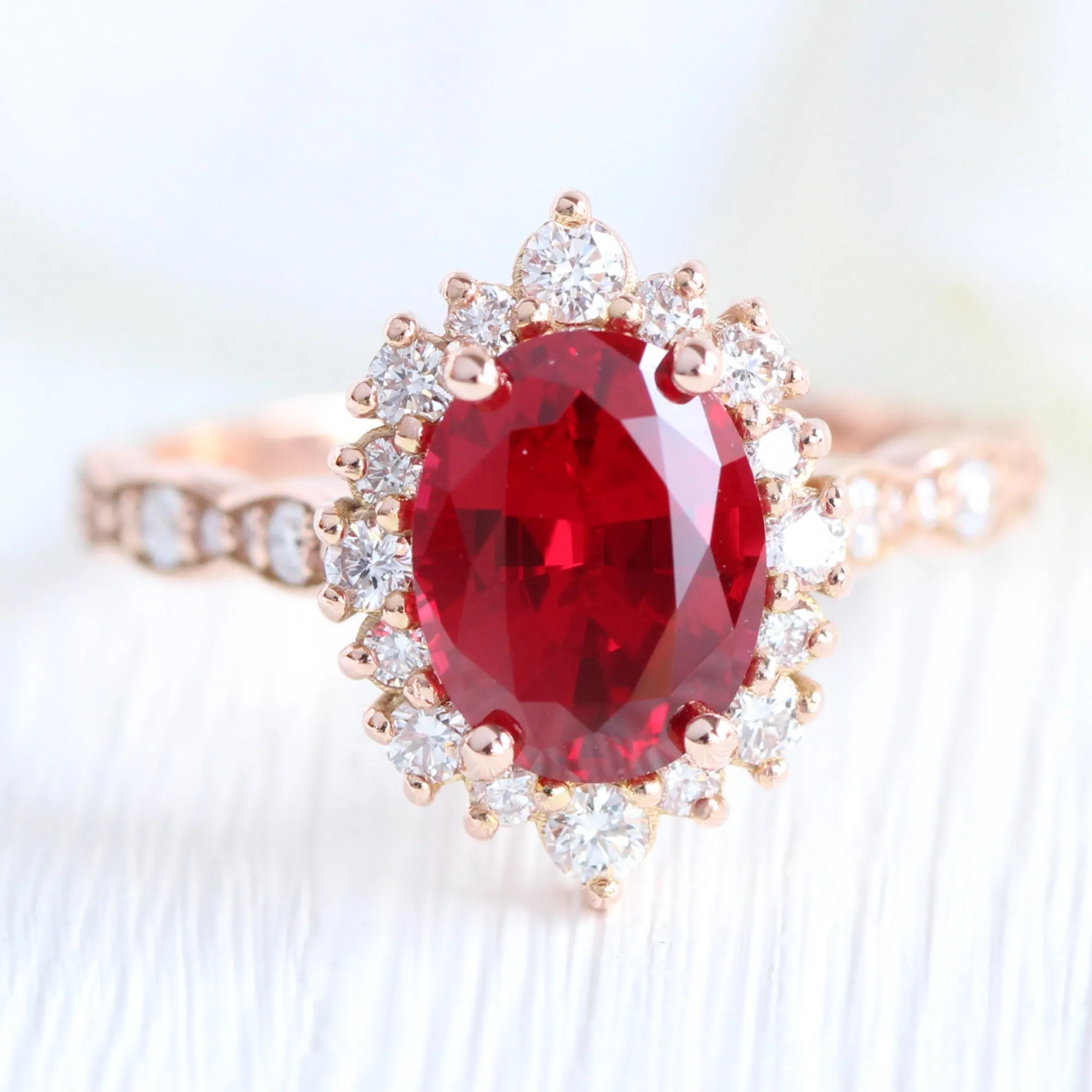 Large Tiara Halo Oval Ruby Ring Set w/ 7 Diamond U Shaped Scalloped Wedding Band