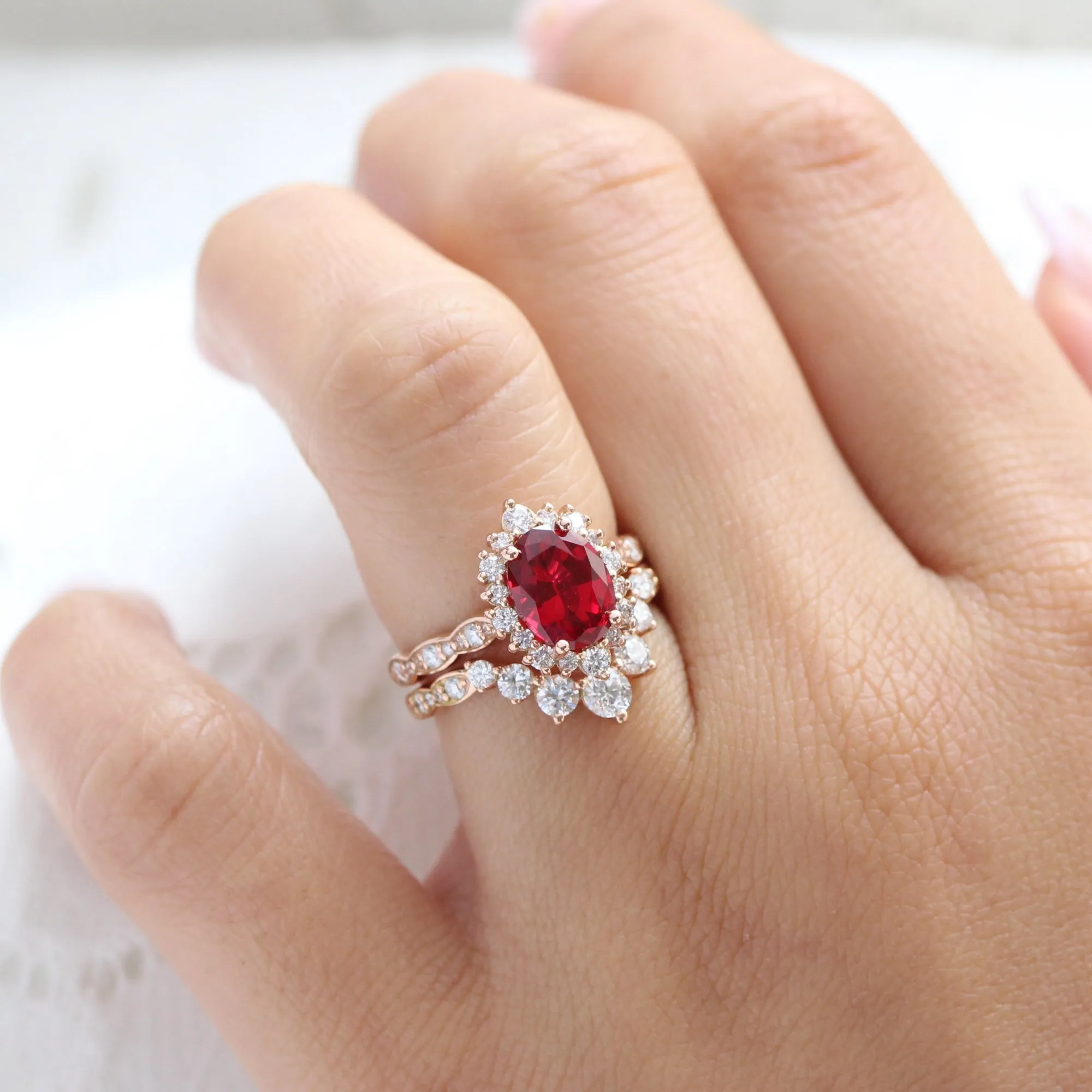 Large Tiara Halo Oval Ruby Ring Set w/ 7 Diamond U Shaped Scalloped Wedding Band