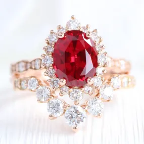 Large Tiara Halo Oval Ruby Ring Set w/ 7 Diamond U Shaped Scalloped Wedding Band