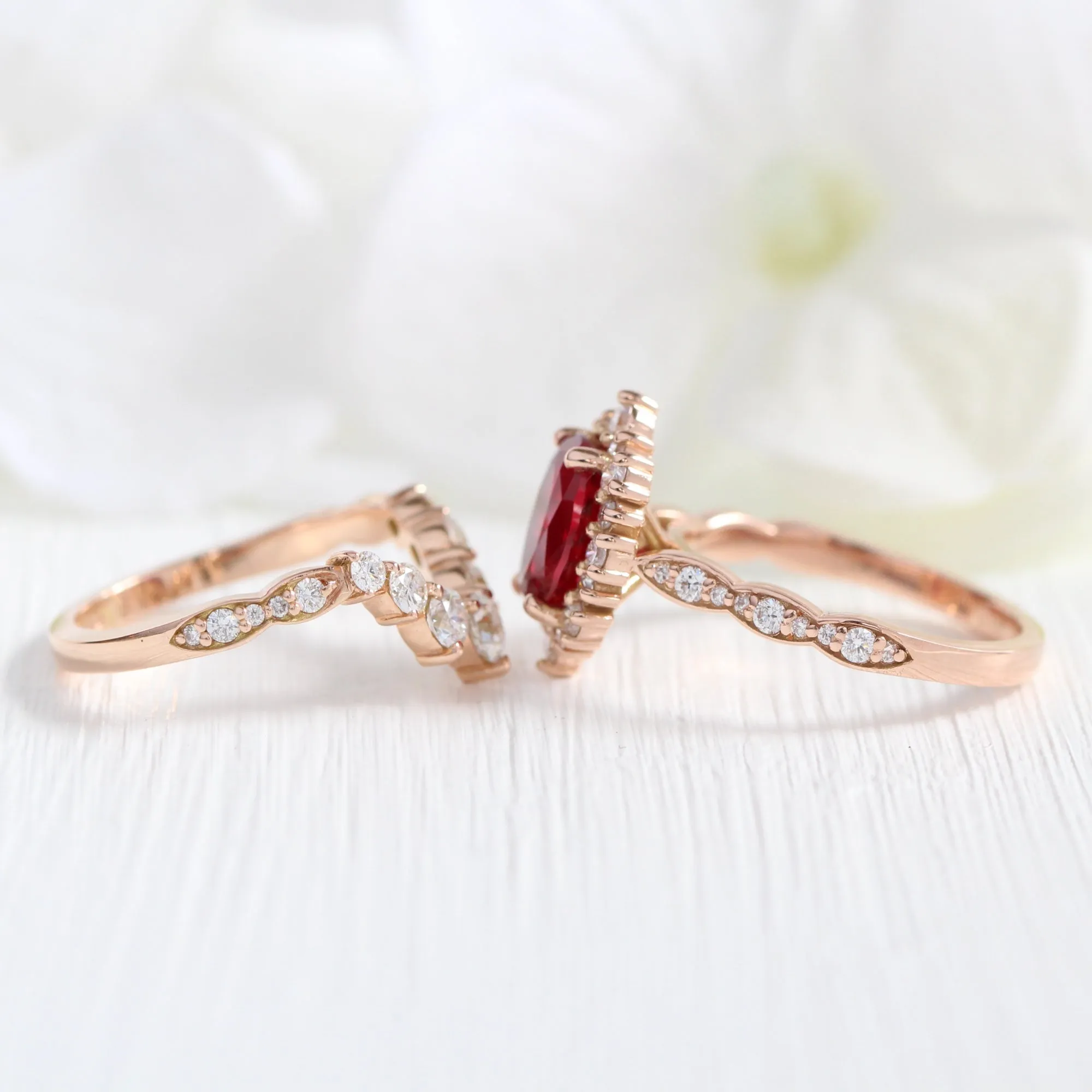 Large Tiara Halo Oval Ruby Ring Set w/ 7 Diamond U Shaped Scalloped Wedding Band