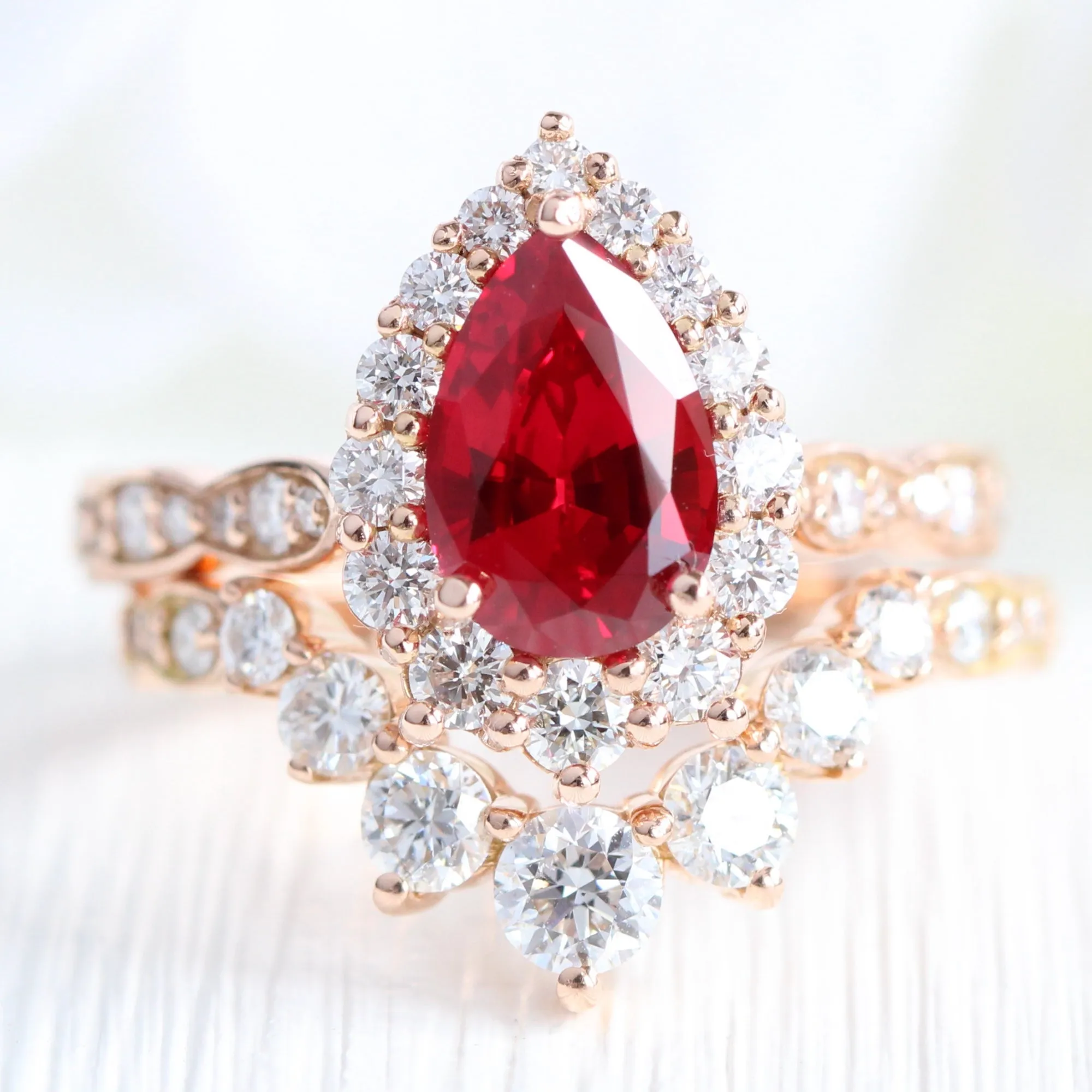 Large Tiara Halo Pear Ruby Ring Set w/ 7 Diamond U Shaped Scalloped Wedding Band