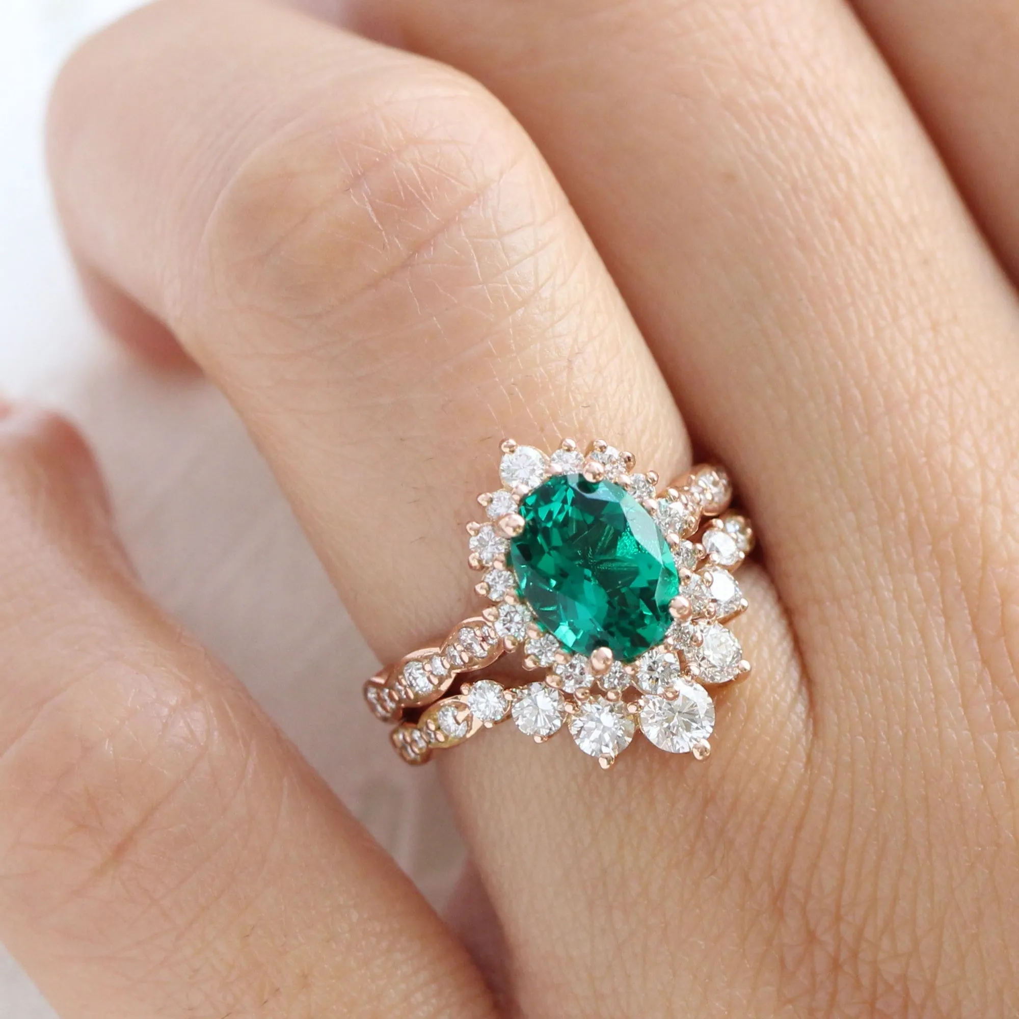 Large Tiara Halo Scalloped Ring Set w/ Oval Emerald and Large 7 Diamond U Band